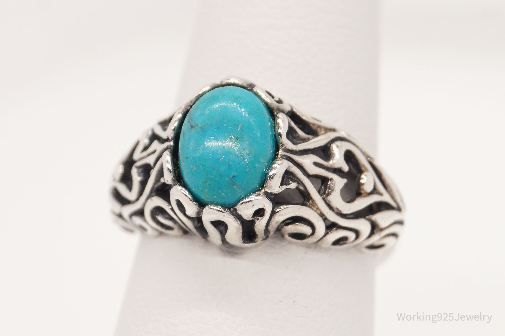 Vintage Blue Turquoise Scroll Swirl Sterling Silver Ring - Size 5