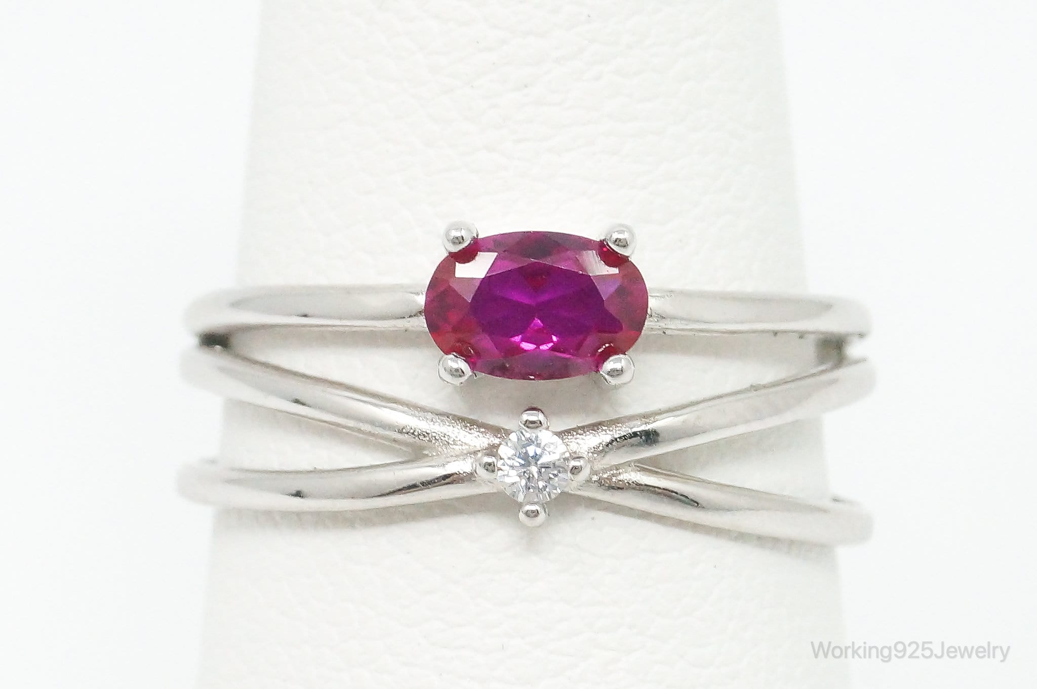 Pink Topaz & Cubic Zirconia Sterling Silver Ring - Size 7.25 Adjustable