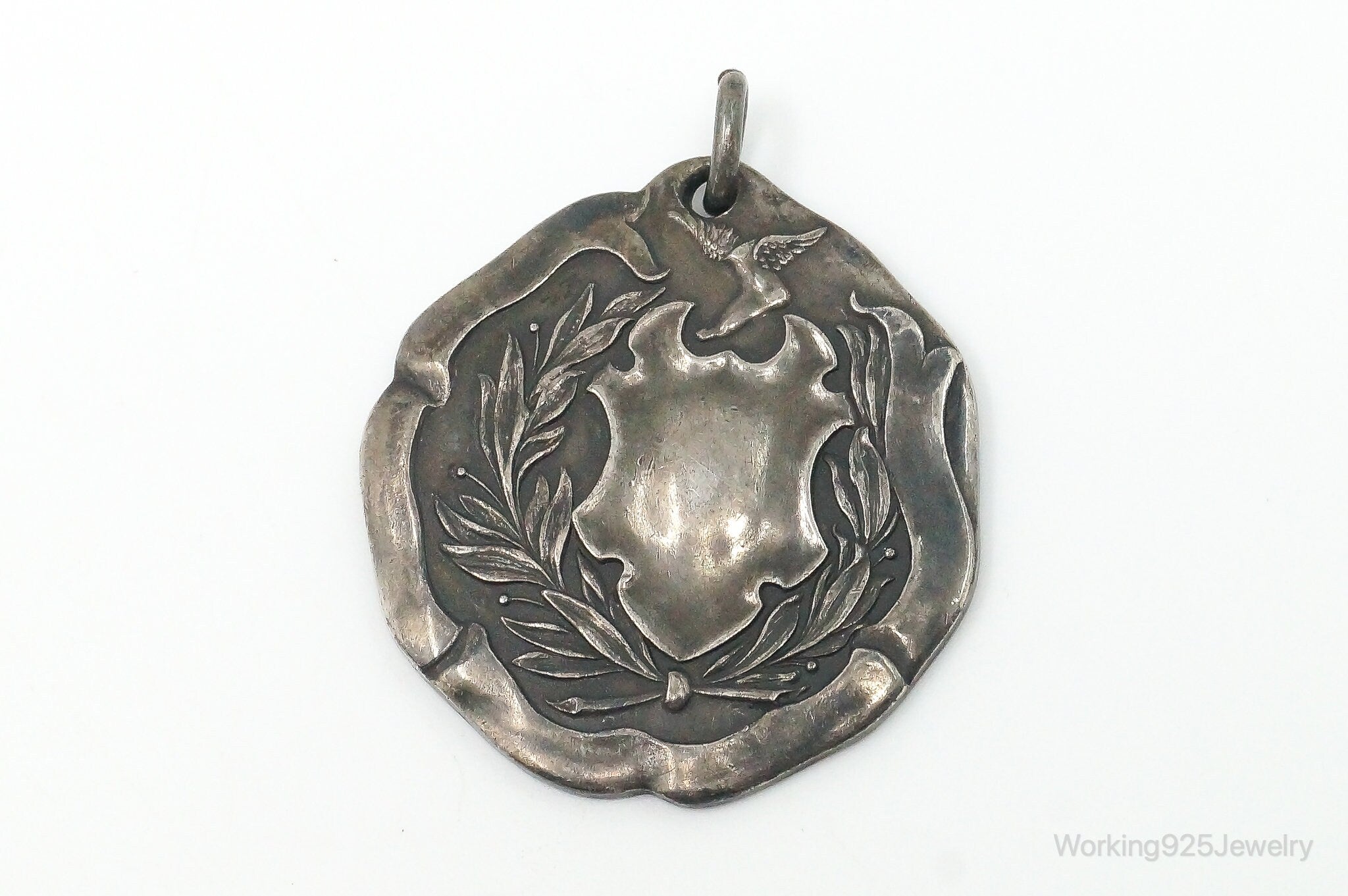 Rare Antique WENDELL & CO Hermes Wreath Shield Sterling Silver Necklace Pendant