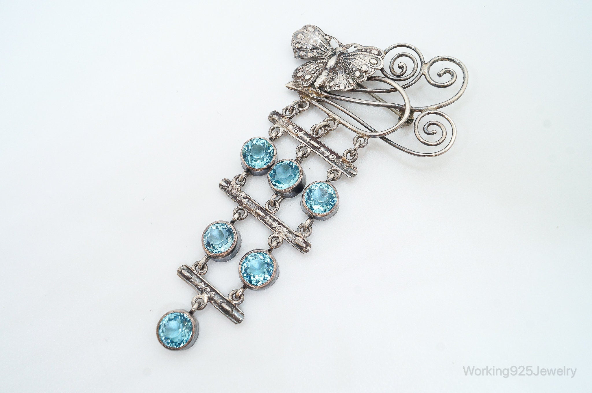 Large Early 1940s Vintage Blue Topaz Butterfly Sterling Silver Brooch Pin