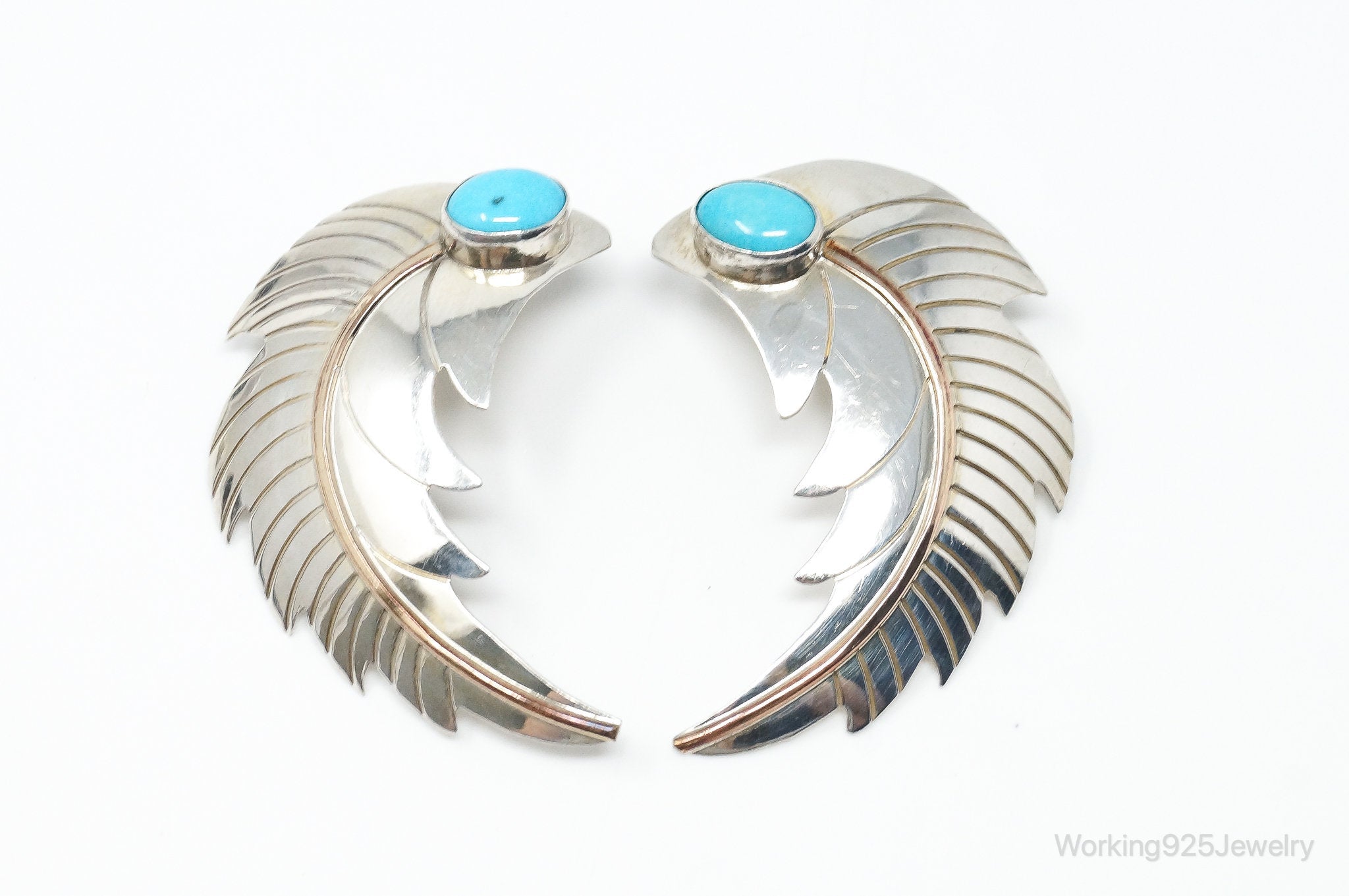 Large Vintage Native American Turquoise Feather Sterling Silver Earrings