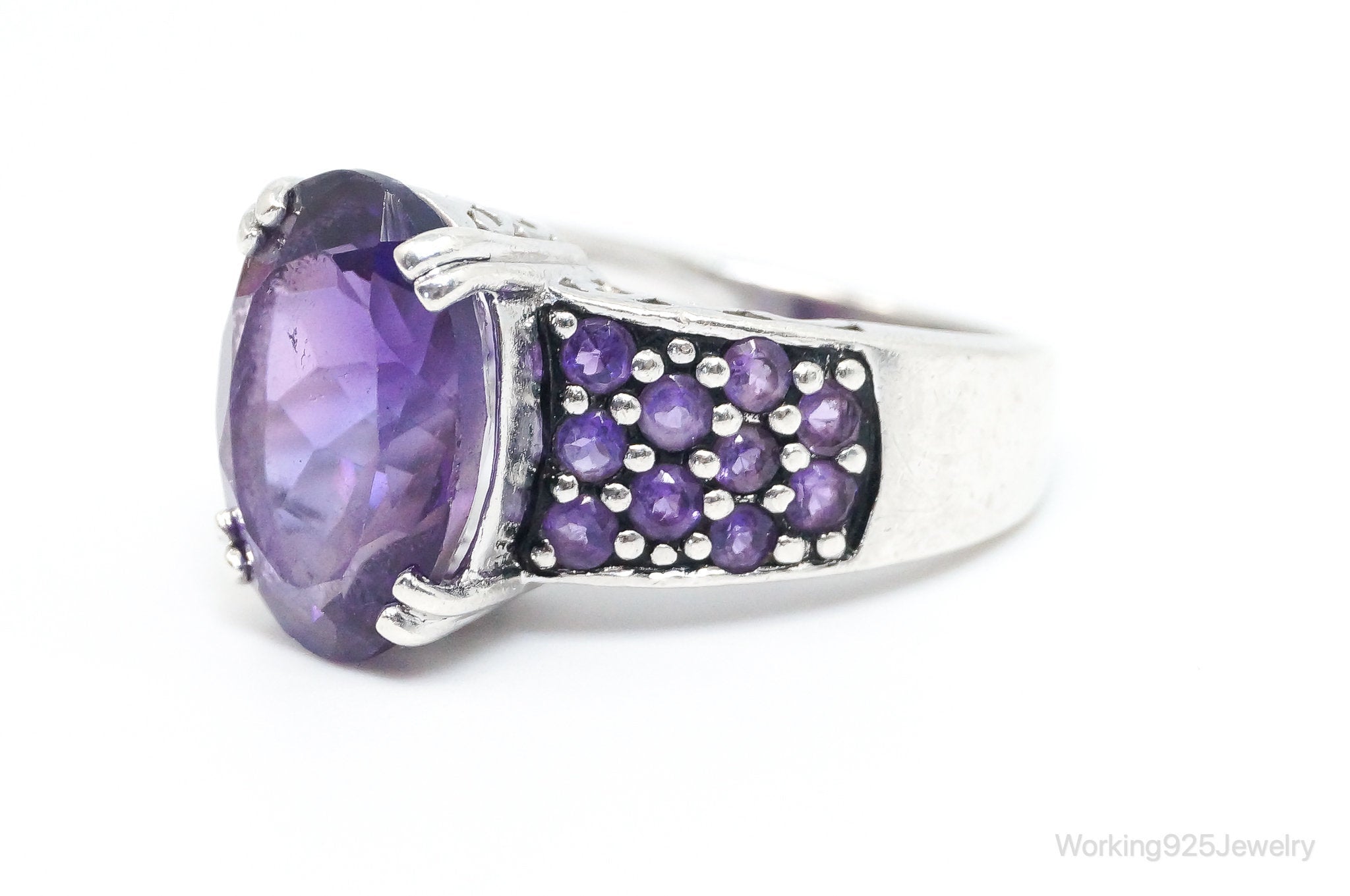 Vintage Art Deco Large Amethyst Sterling Silver Ring - Size 6