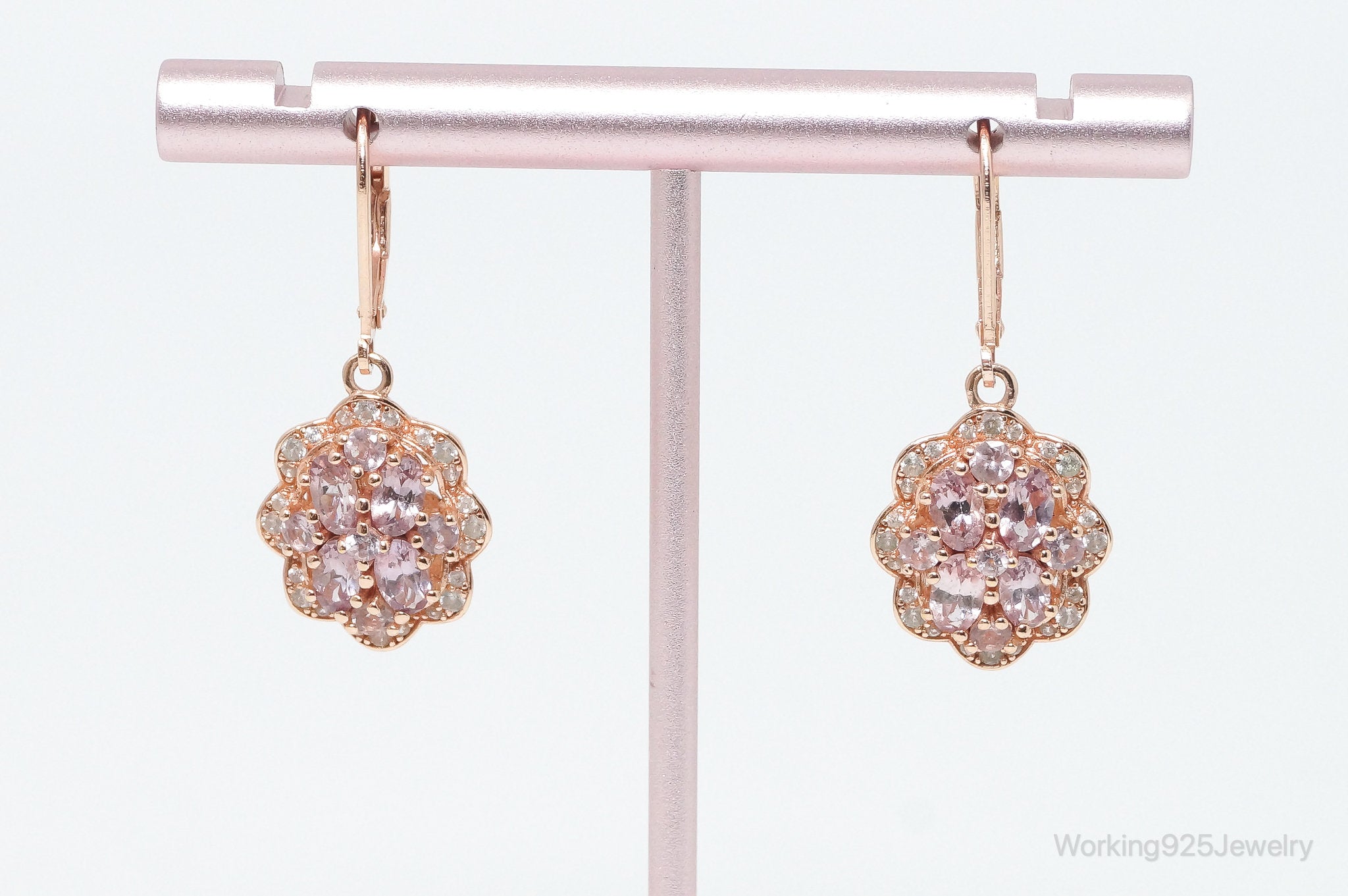 Designer DK CZ Pink Topaz Rose Gold Vermeil Sterling Silver Earrings