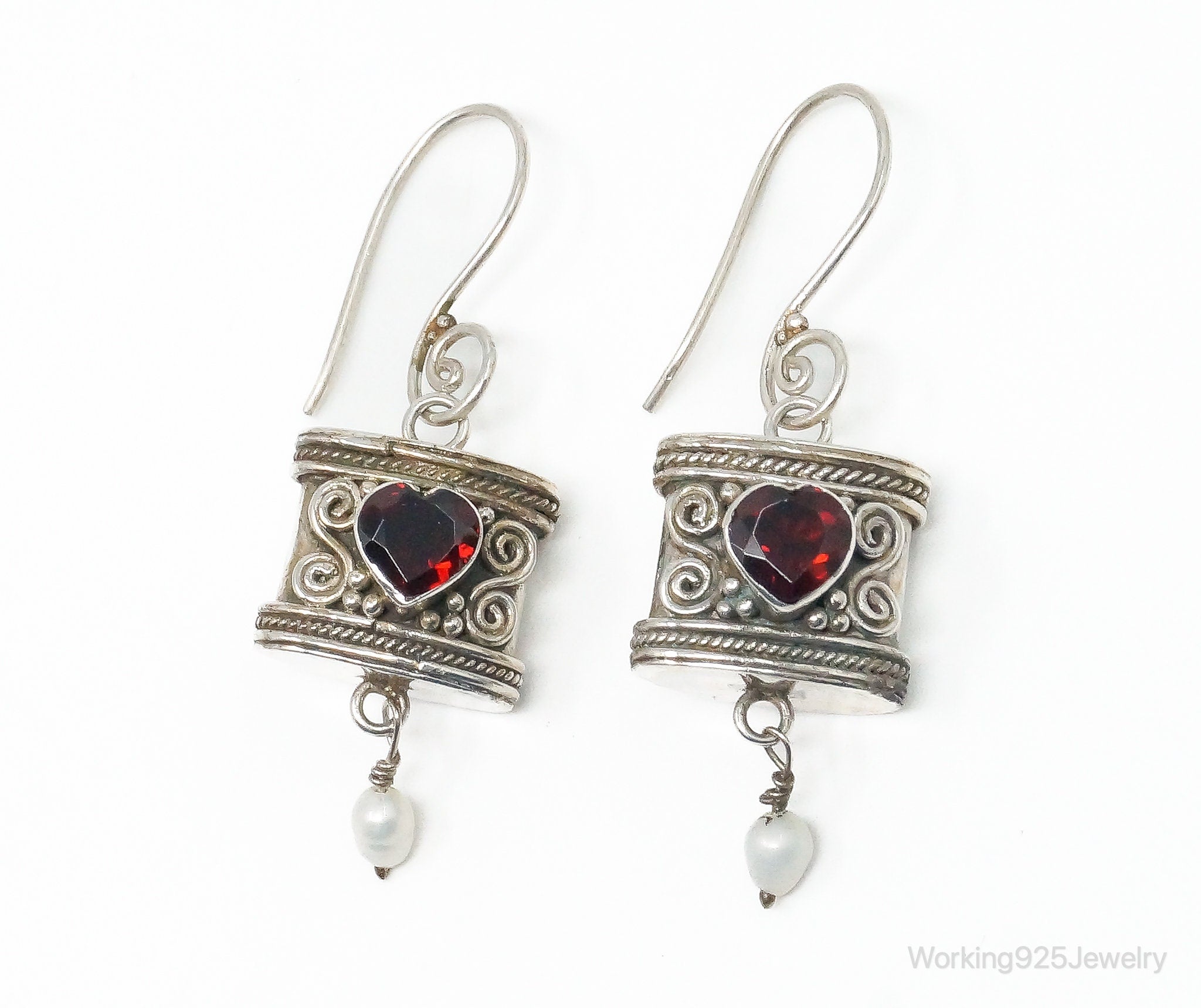 Vintage Garnet Heart Pearl Bali Inspired Sterling Silver Earrings