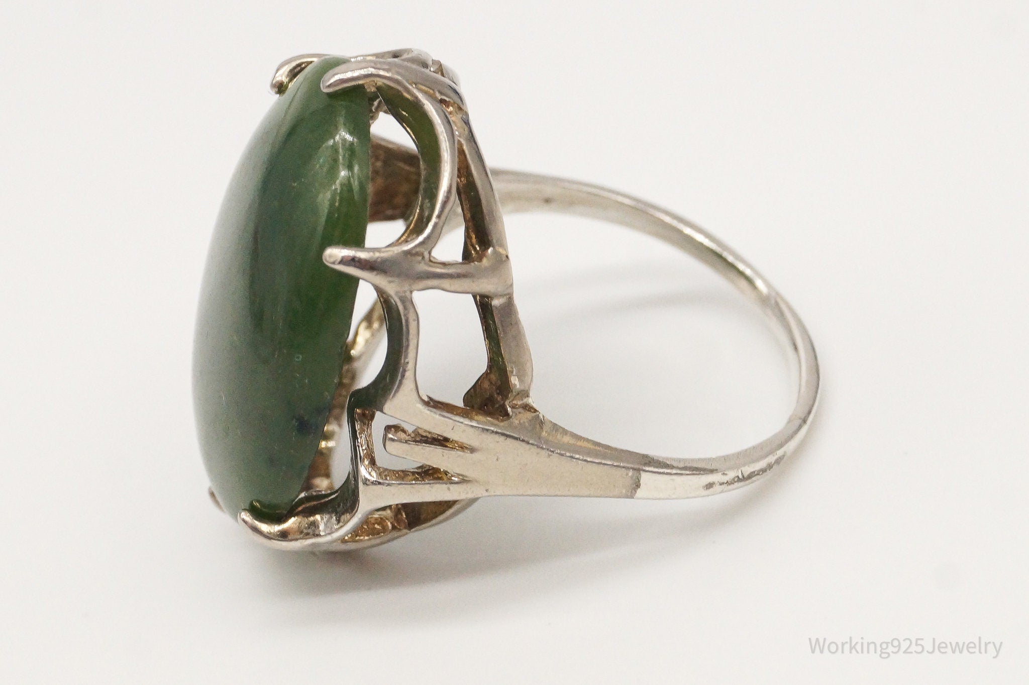 Antique Large Nephrite Jade Sterling Silver Ring - Size 10.75