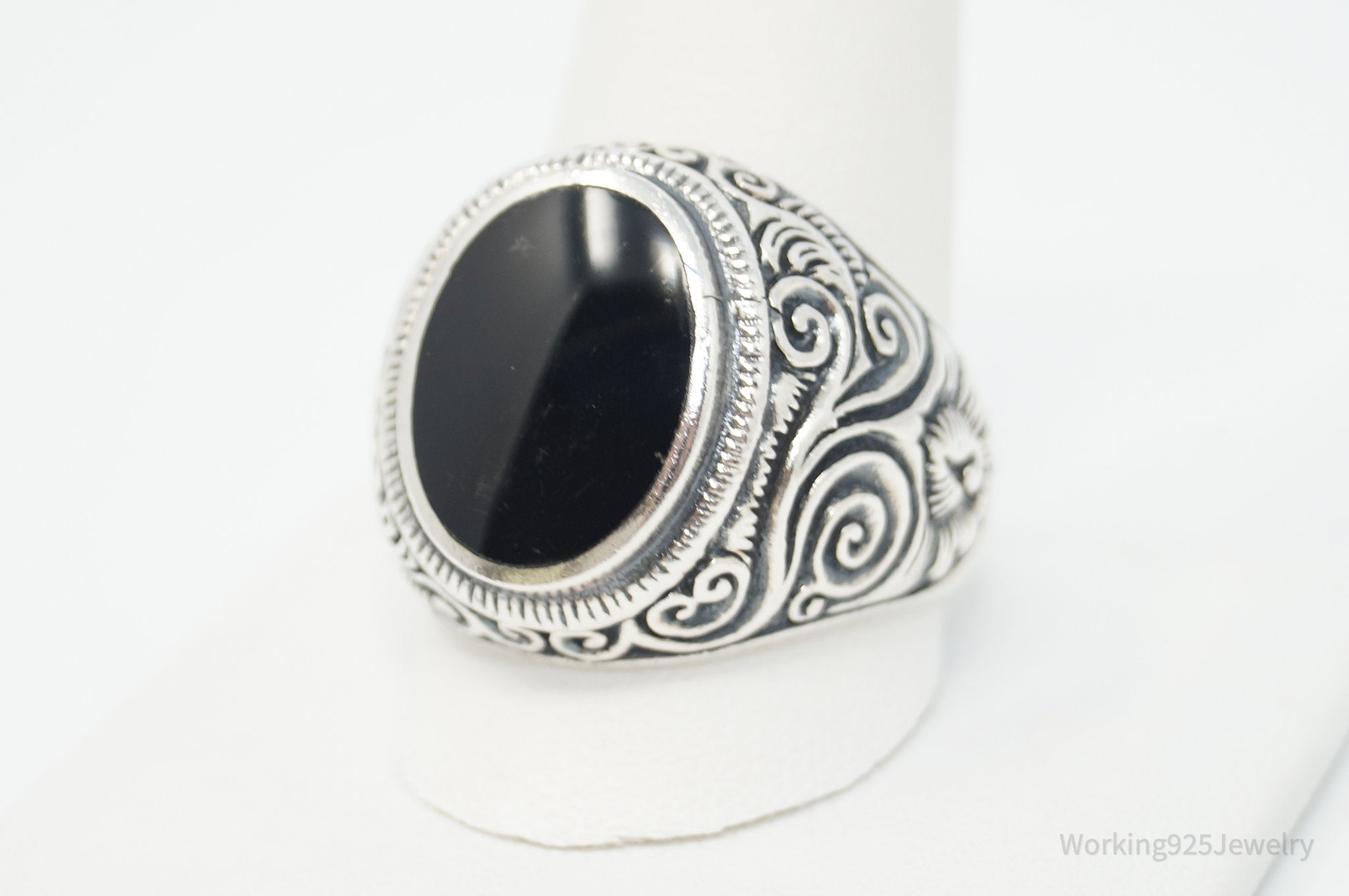 Large Vintage Black Onyx Etched Scroll Sterling Silver Ring - Sz 12