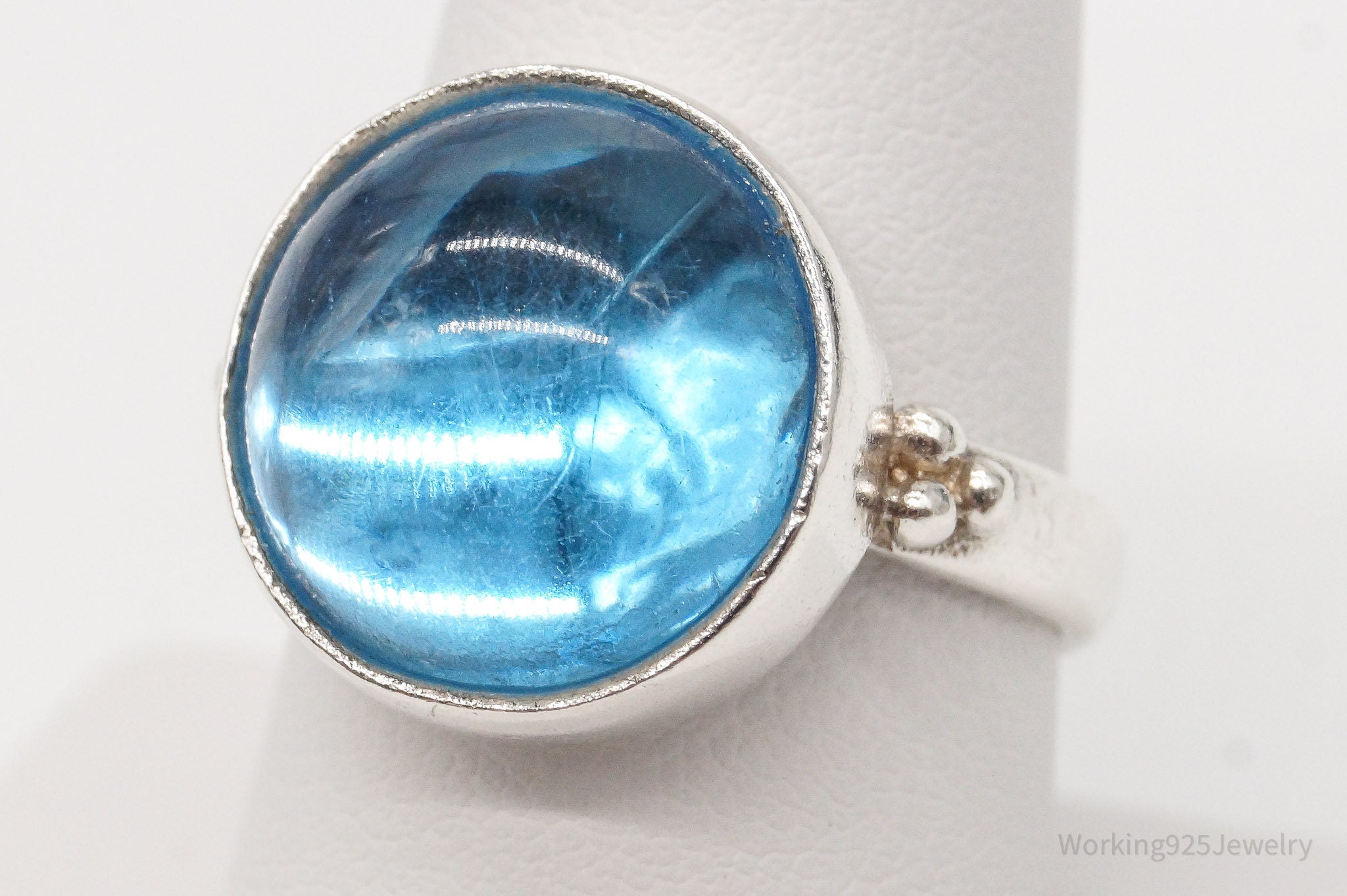 Vintage Large Blue Luminescent Faux Stone Sterling Silver Ring - Size 8.75