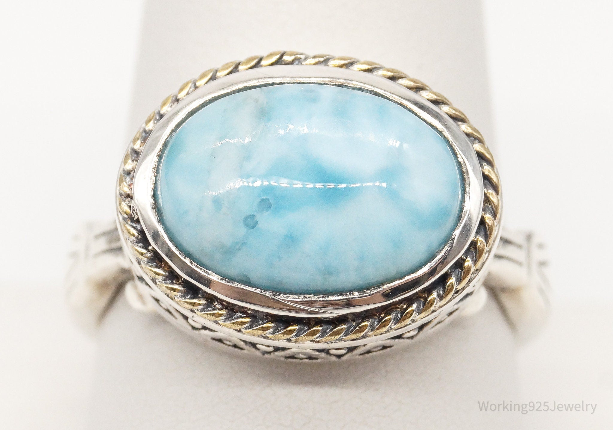 Vintage Ice Blue Larimar Brass Sterling Silver Ring - Size 10