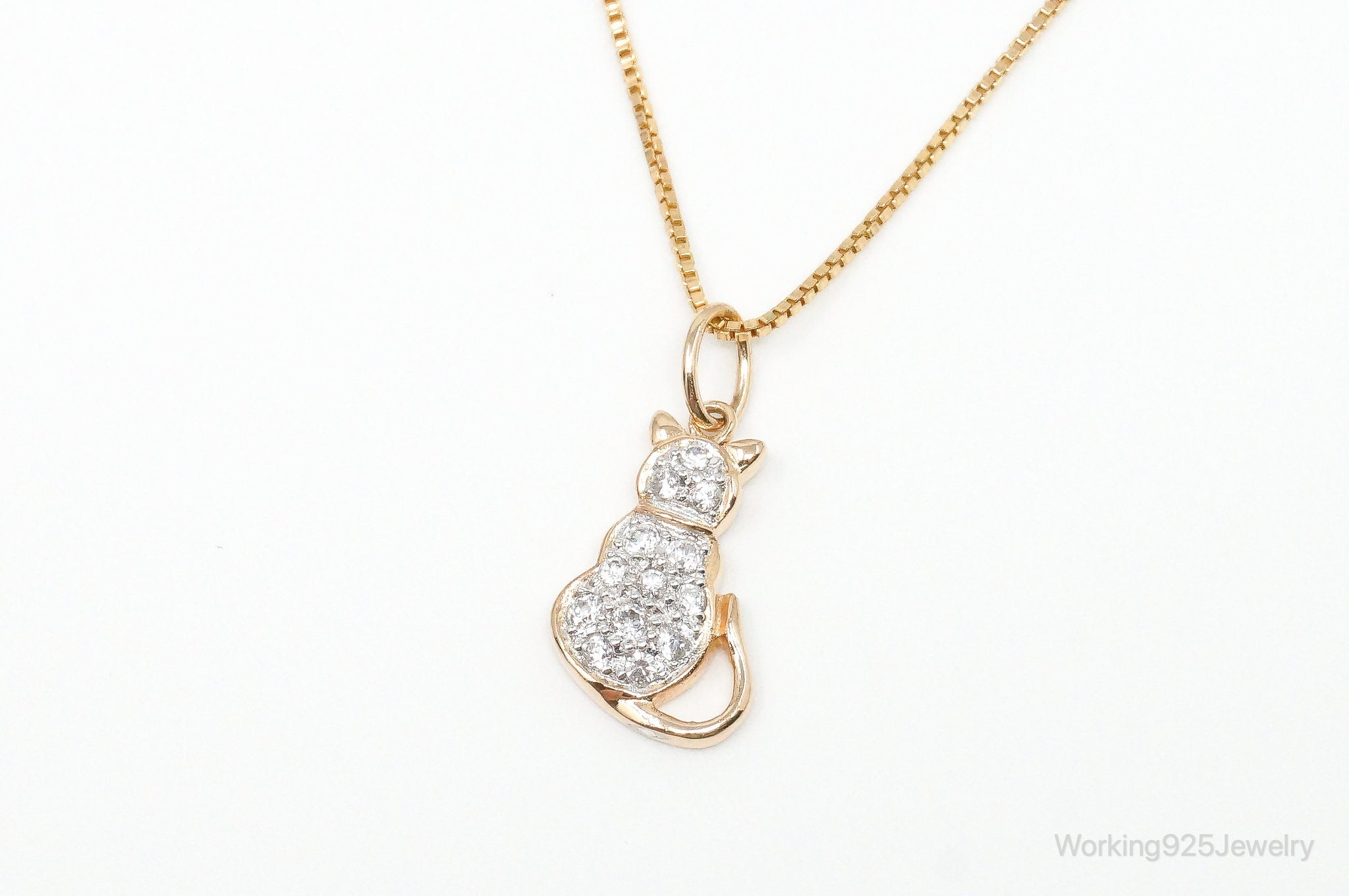 Designer Cubic Zirconia Gold Vermeil Cat Sterling Silver Necklace