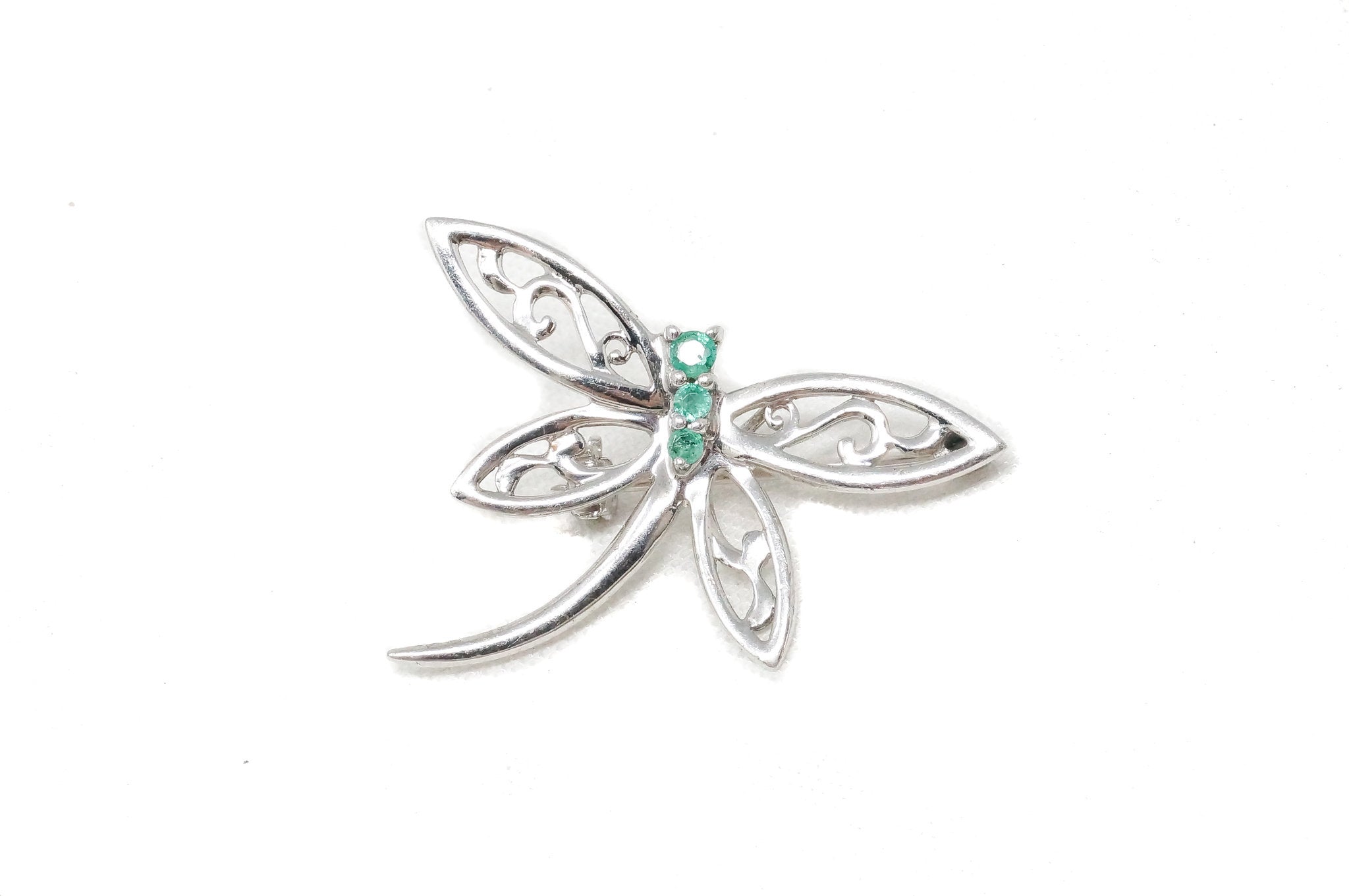 Vintage Emerald Dragonfly Sterling Silver Necklace Pendant