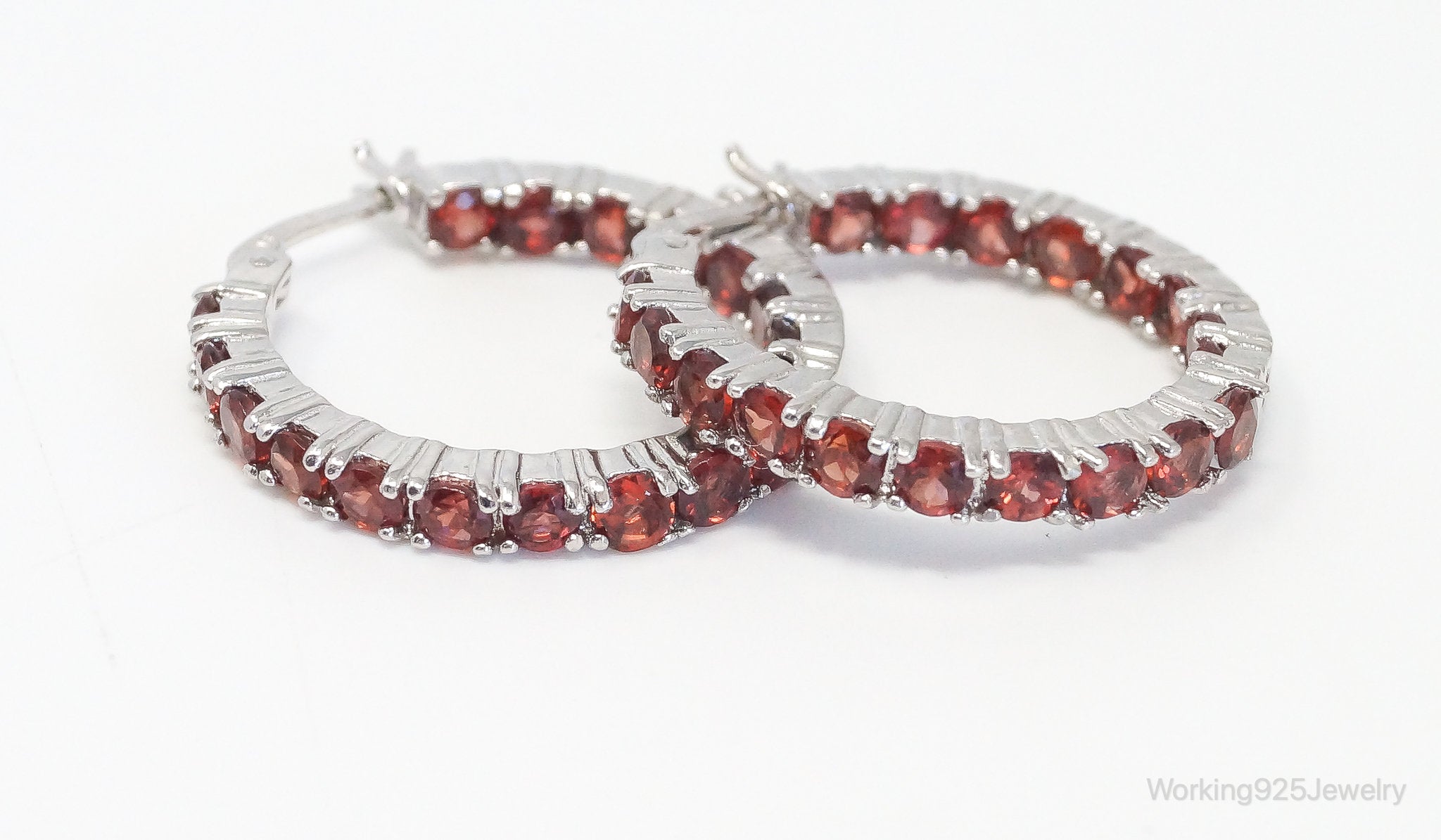 Vintage Garnet Sterling Silver Hoop Earrings