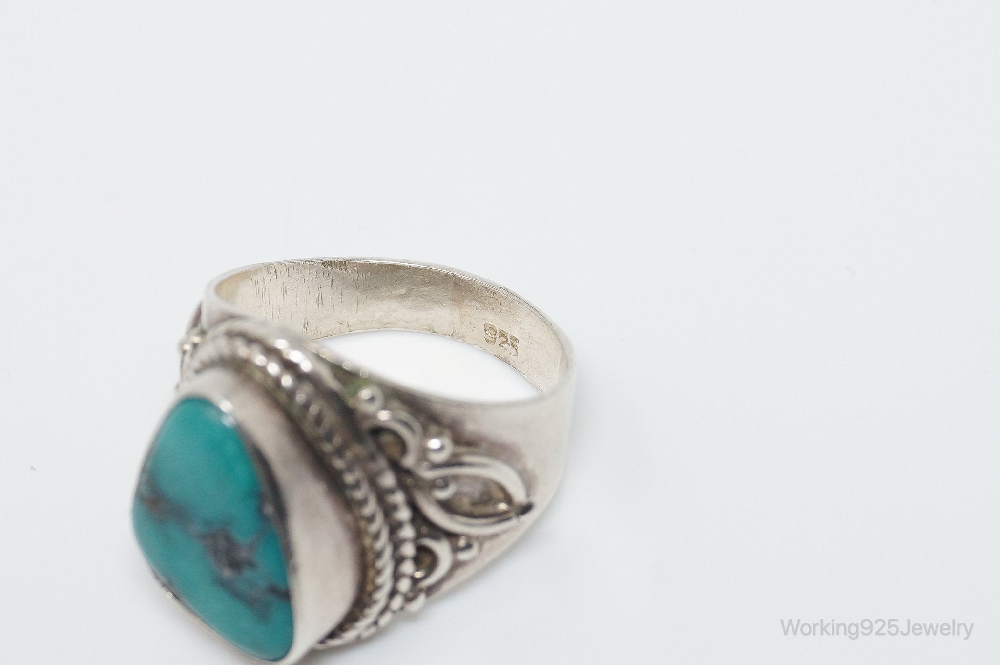 Vintage Bali Style Turquoise Filigree Sterling Silver Ring - Size 7.25