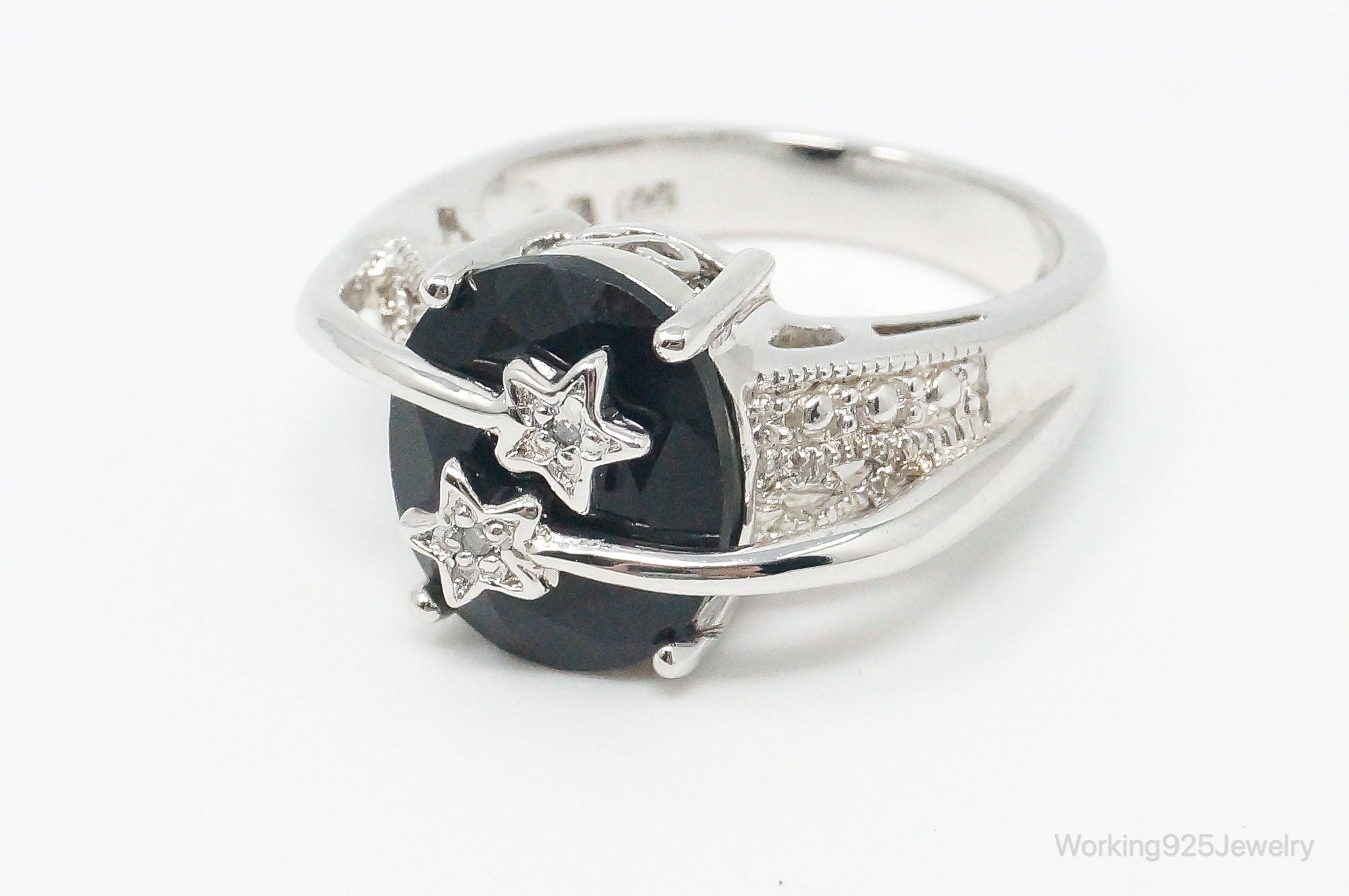 Black Onyx Cubic Zirconia Shooting Stars Sterling Silver Ring - Size 6