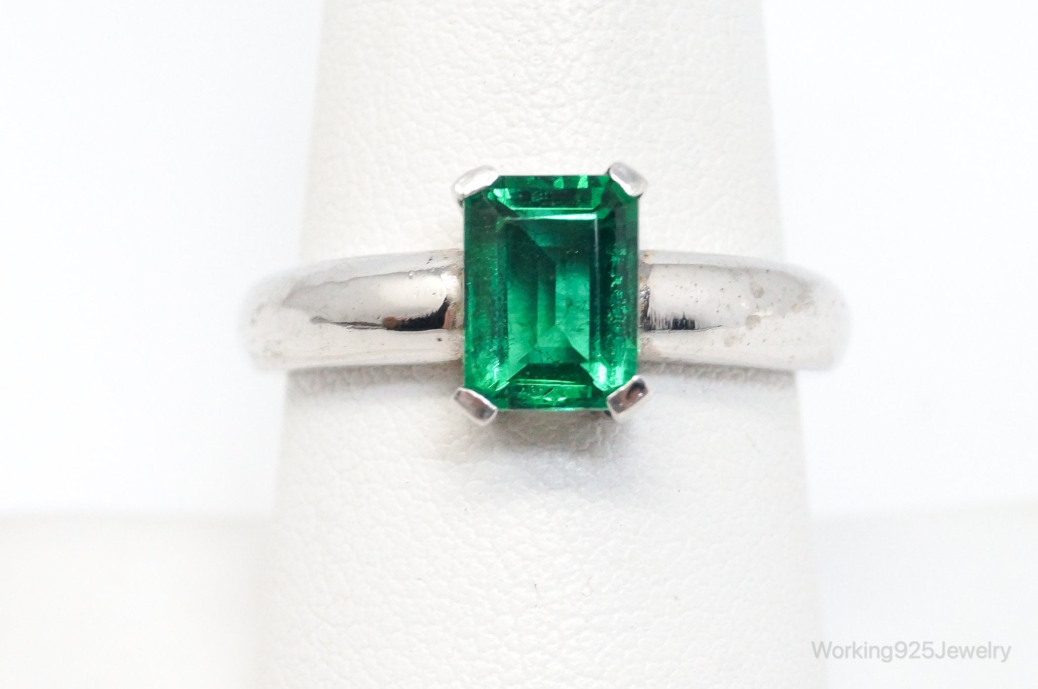 Vintage Lab Emerald Sterling Silver Ring - SZ 8.25