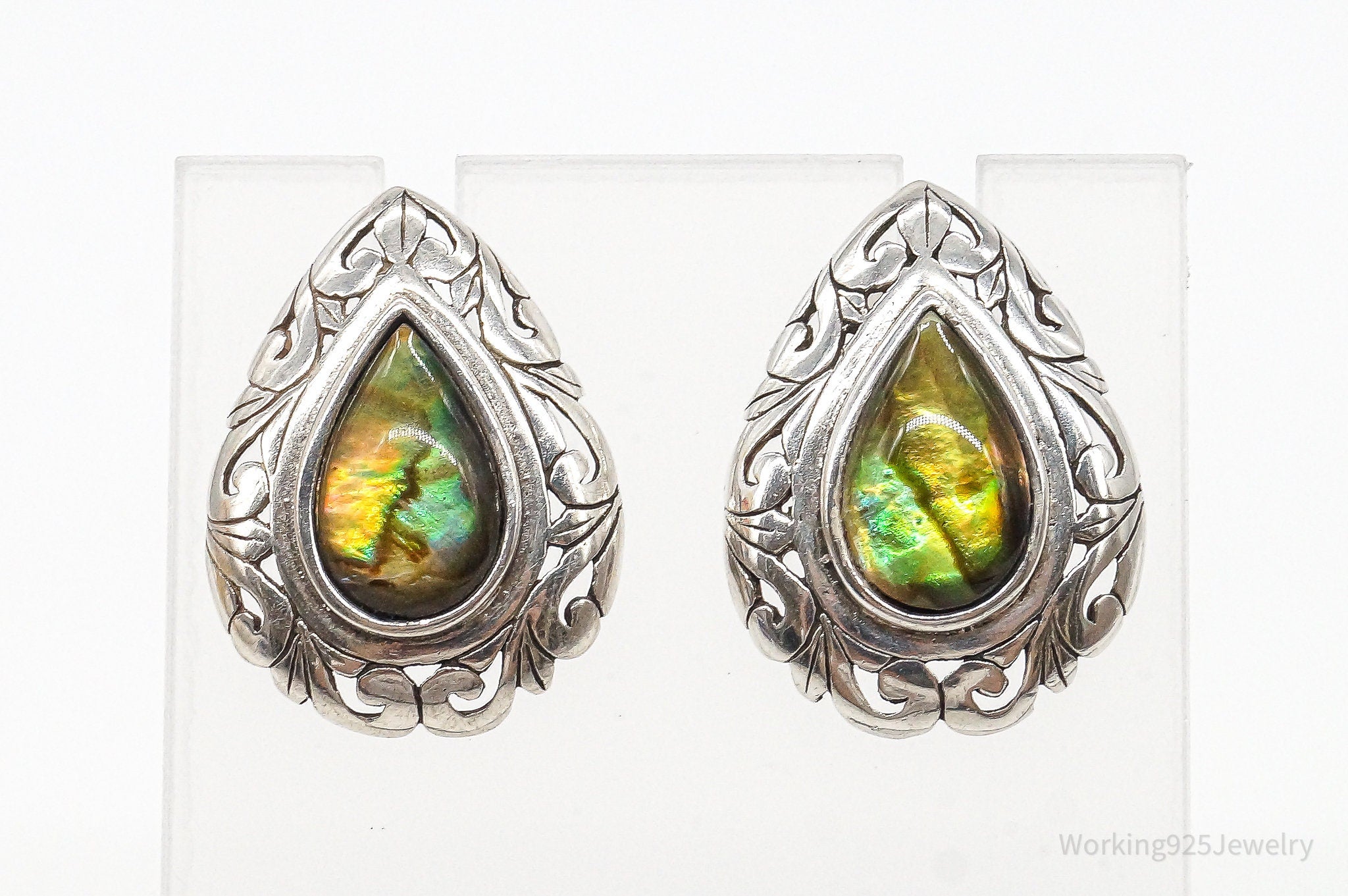 Large Vintage Abalone Paua Shell Sterling Silver Earrings