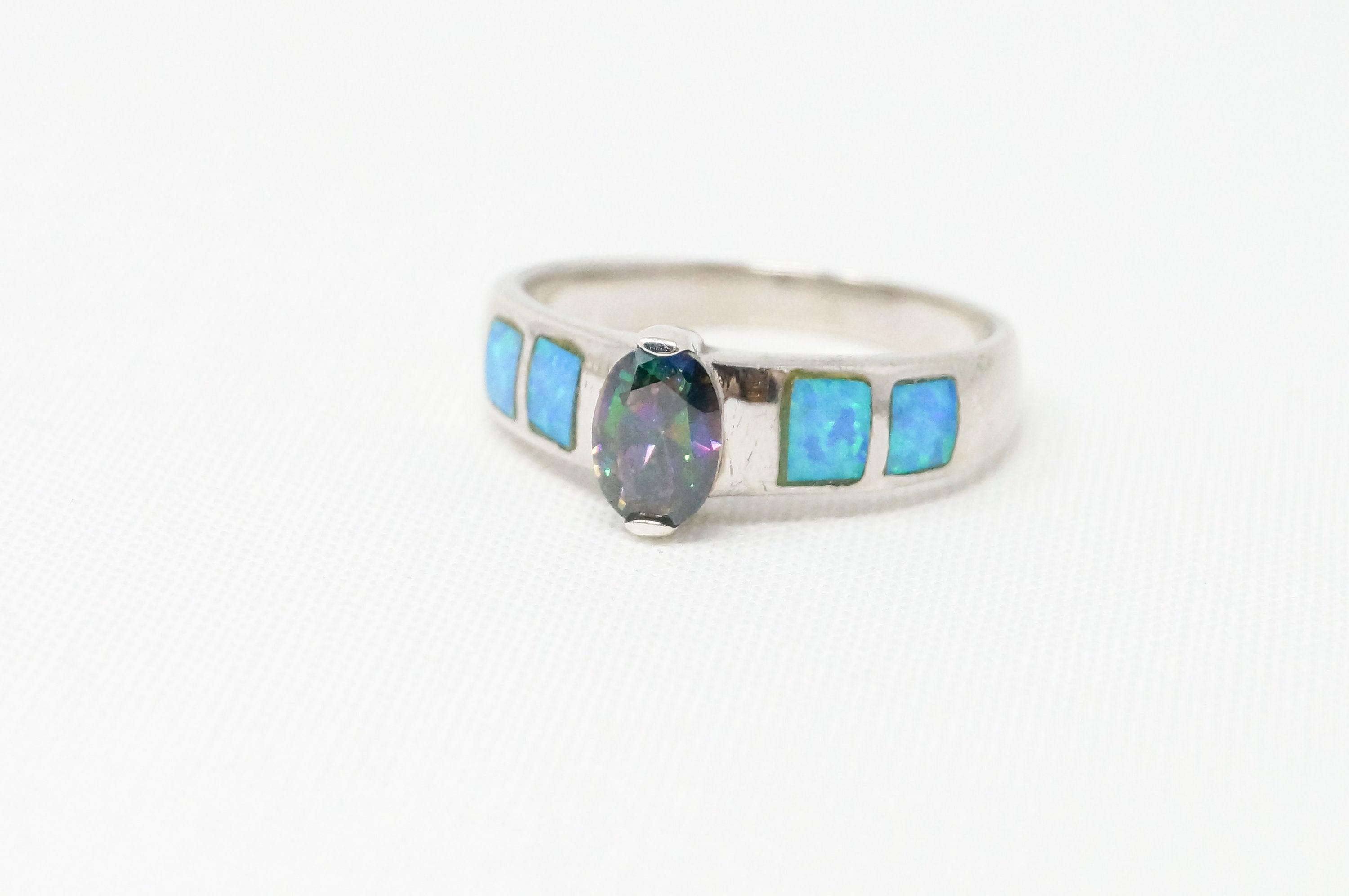 Vintage Art Deco Mystic Topaz Blue Fire Opal Sterling Silver Ring - SZ 8.5