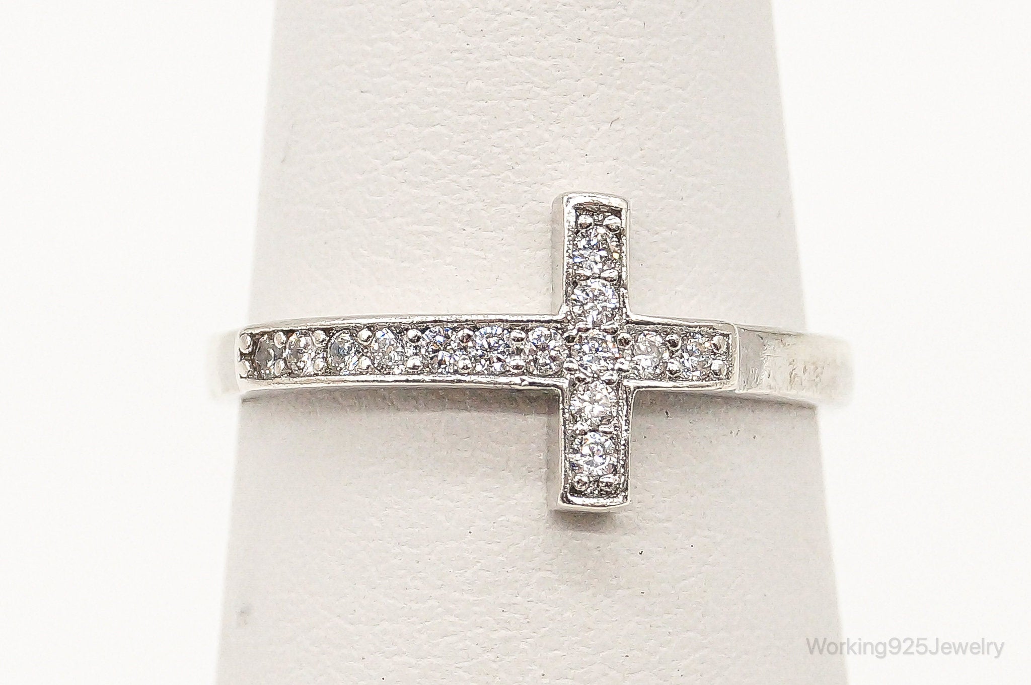 Vintage Cubic Zirconia Cross Sterling Silver Ring - Size 4.75