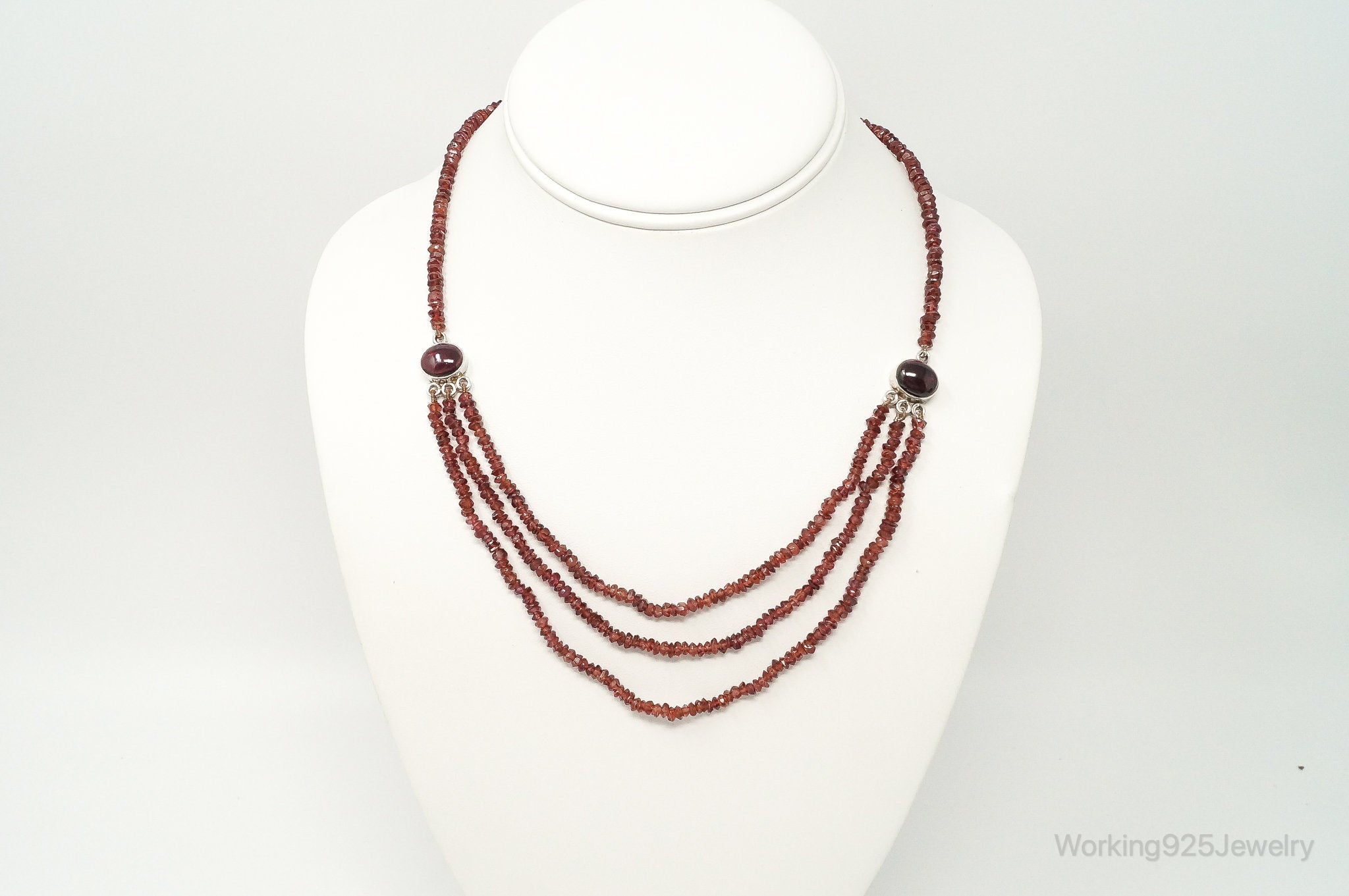 Vintage Garnet Bali Style Bead Strand Sterling Silver Necklace