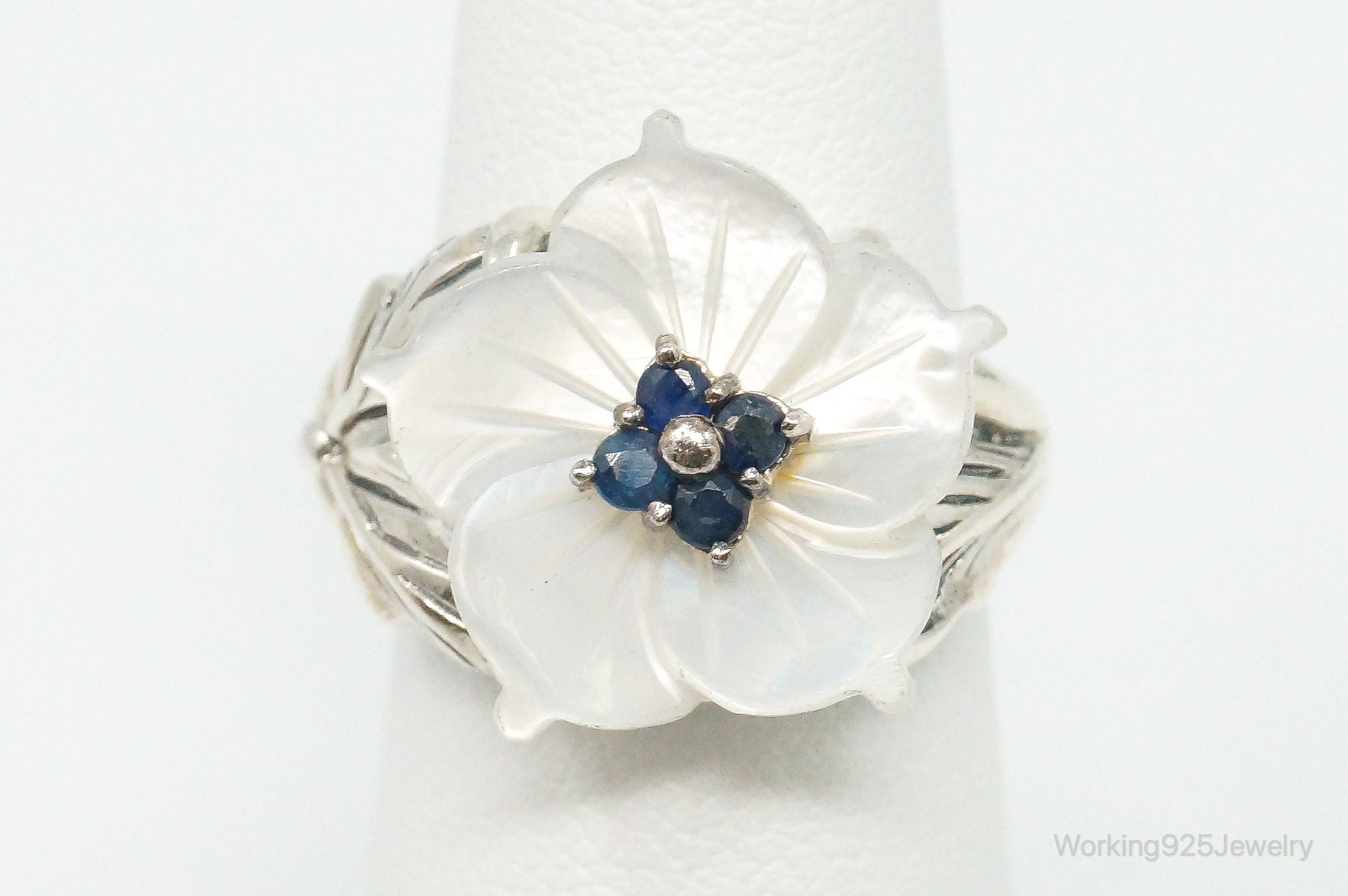 Designer Lee Sands Mother Of Pearl Sapphire Flower Sterling Silver Ring - SZ 5