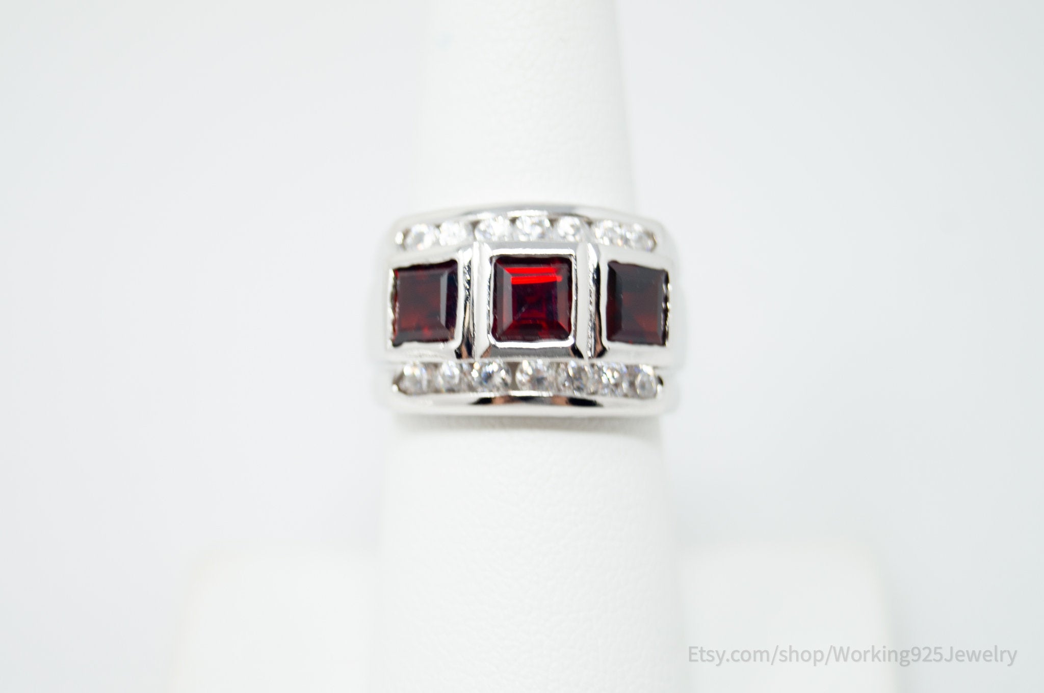 Vintage Art Deco Style Red Garnet CZ Sterling Silver Ring Size 6.75