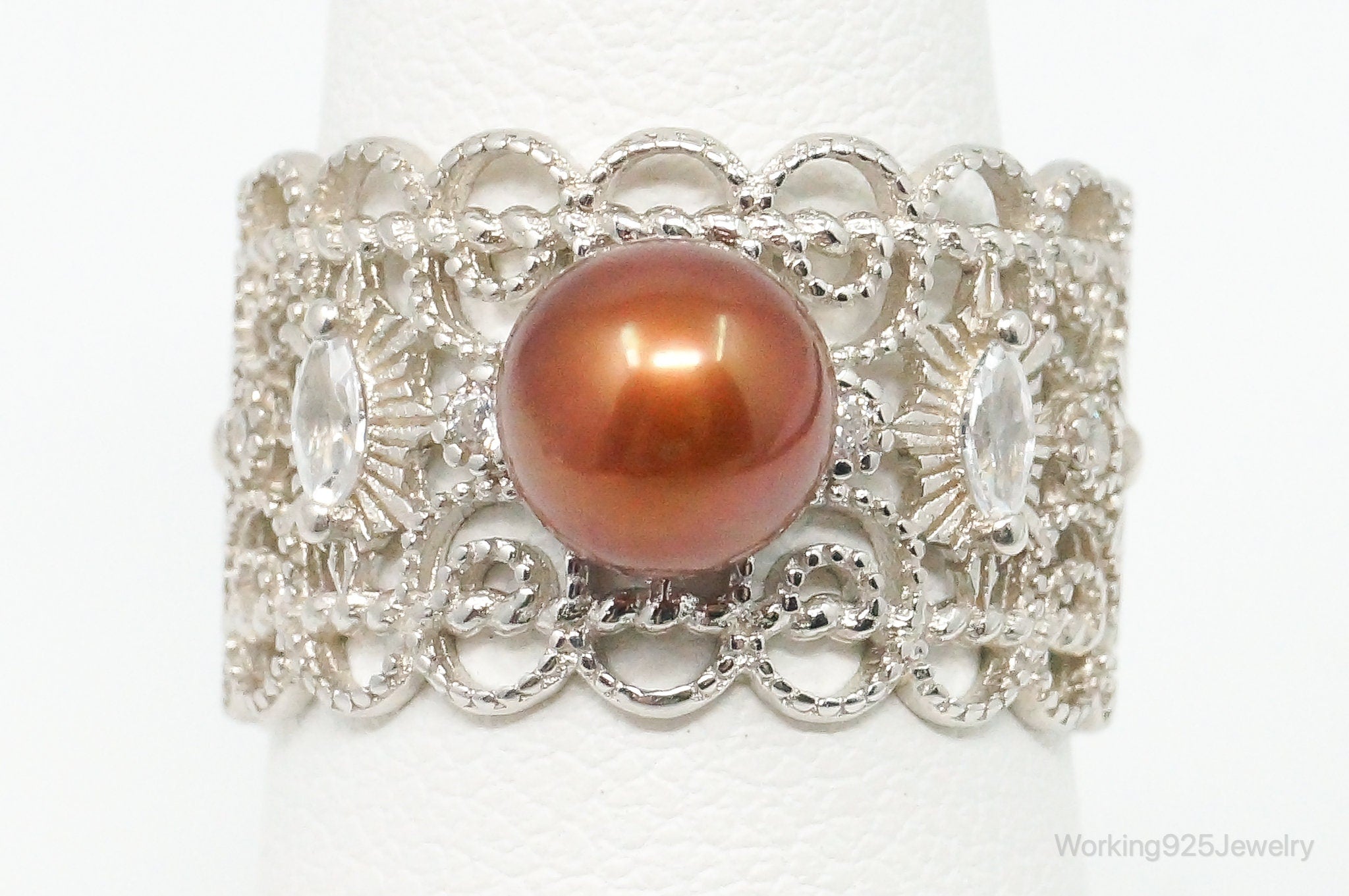 Pearl Cubic Zirconia Sterling Silver Ring - Size 7.25 Adjustable