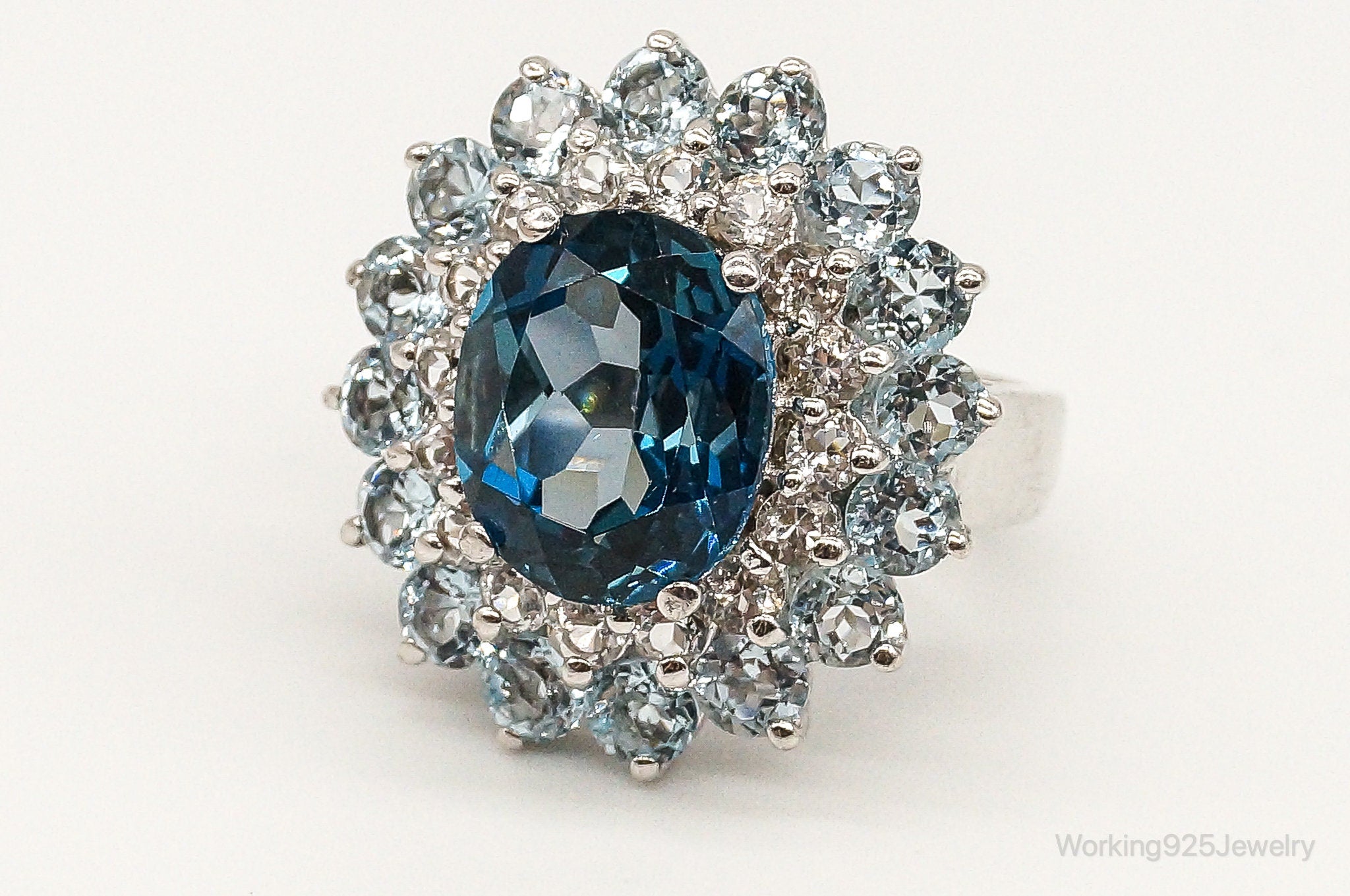 Vintage Large Blue Topaz Cubic Zirconia Sterling Silver Ring - Size 6