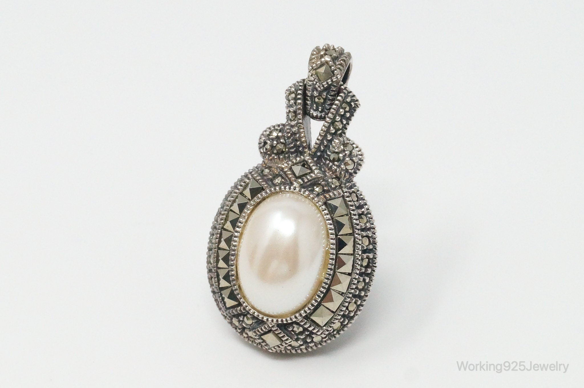 Large Vintage White Blue Pearl Marcasite Reversible Sterling Silver Pendant