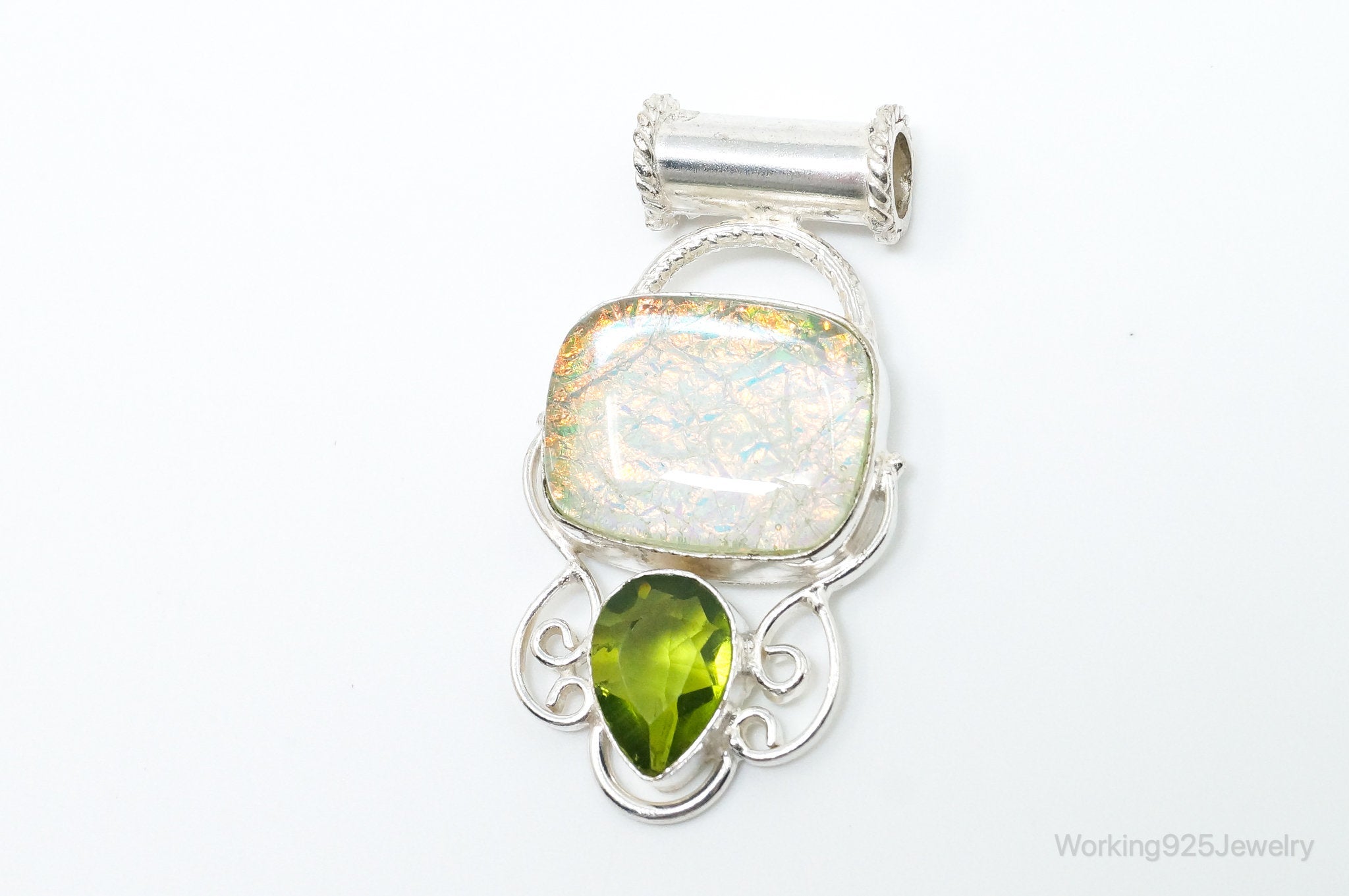 Large Vintage Rainbow Glass Peridot Sterling Silver Pendant