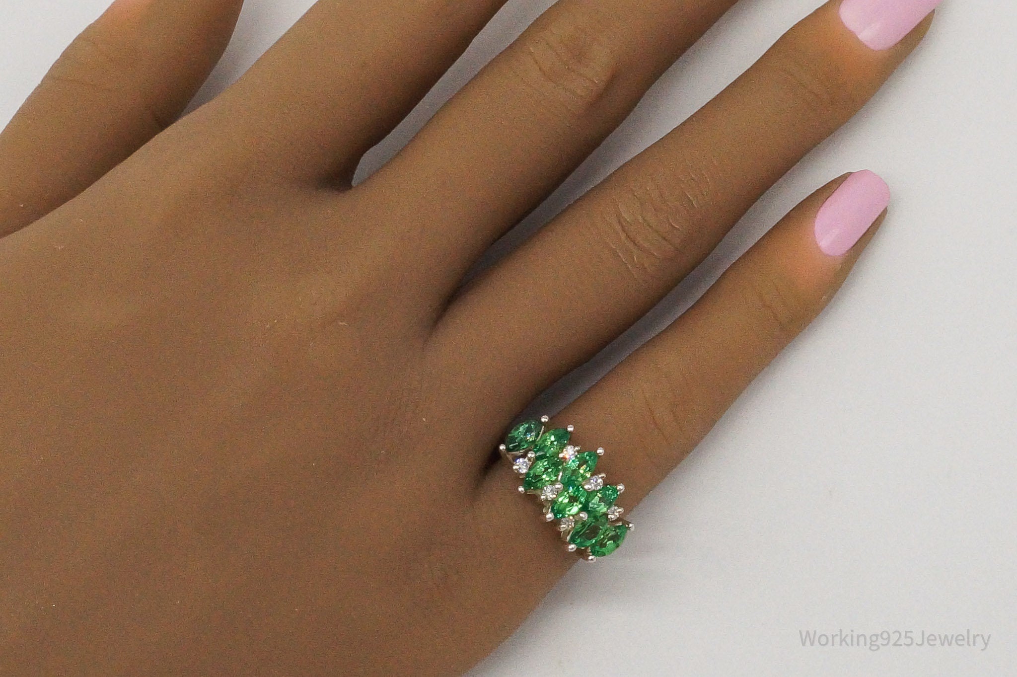 Vintage Green & White Cubic Zirconia Sterling Silver Ring - Size 5