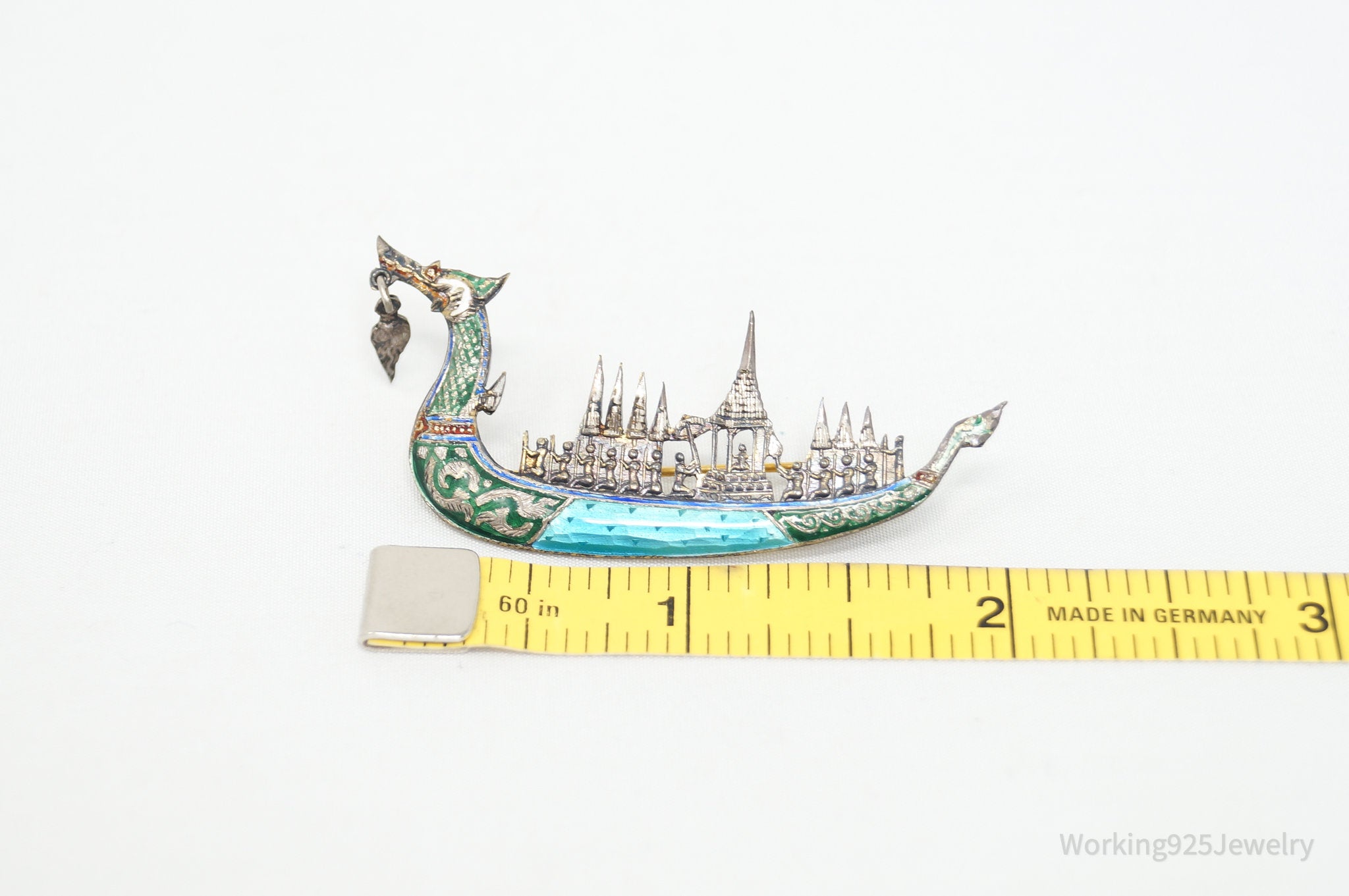 Vintage Designer SIAM Suphanahongse Viking Ship Enamel Sterling Silver Brooch