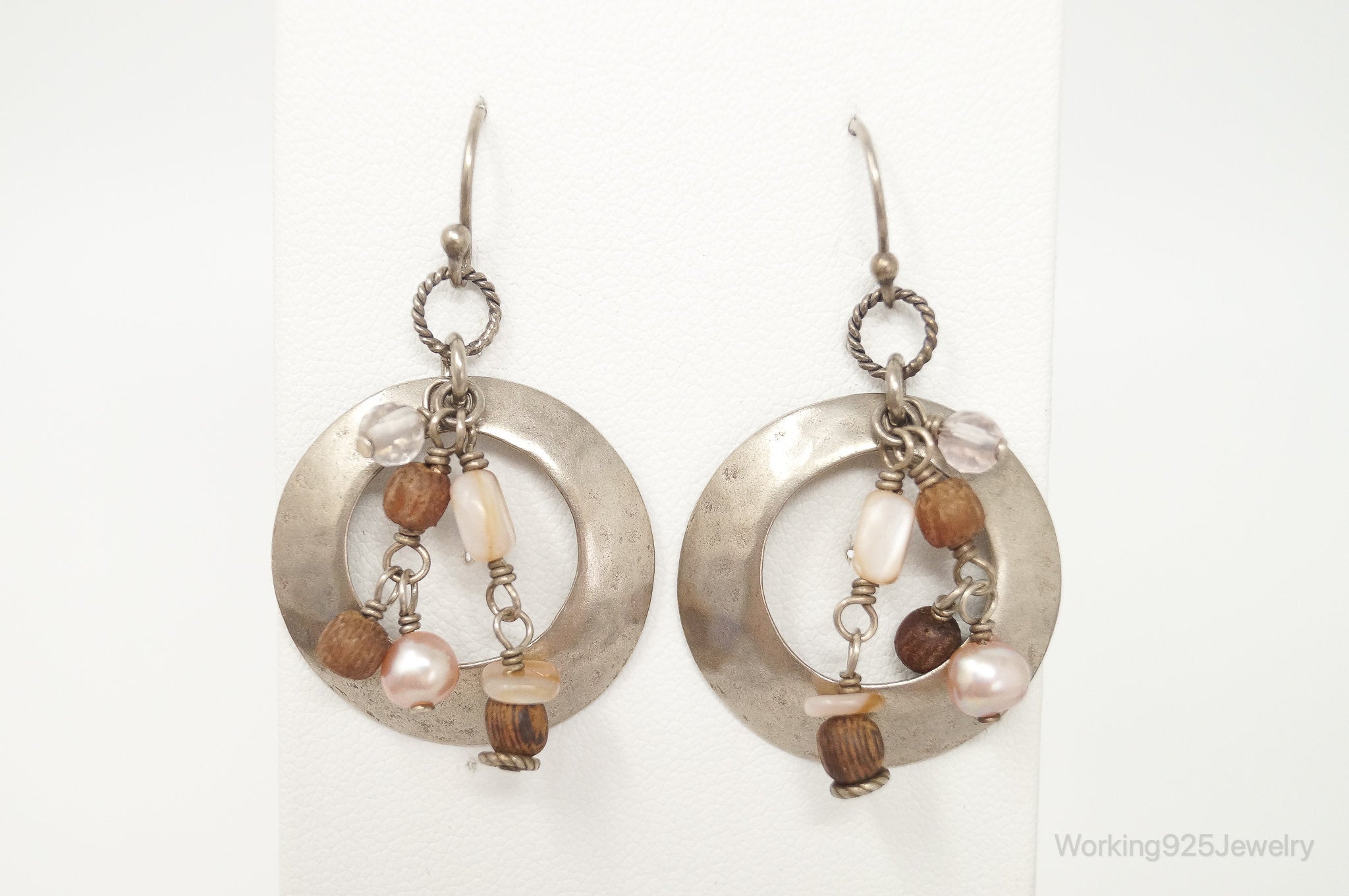 Designer Silpada Wood Quartz Pearl Hammered Sterling Silver Earrings