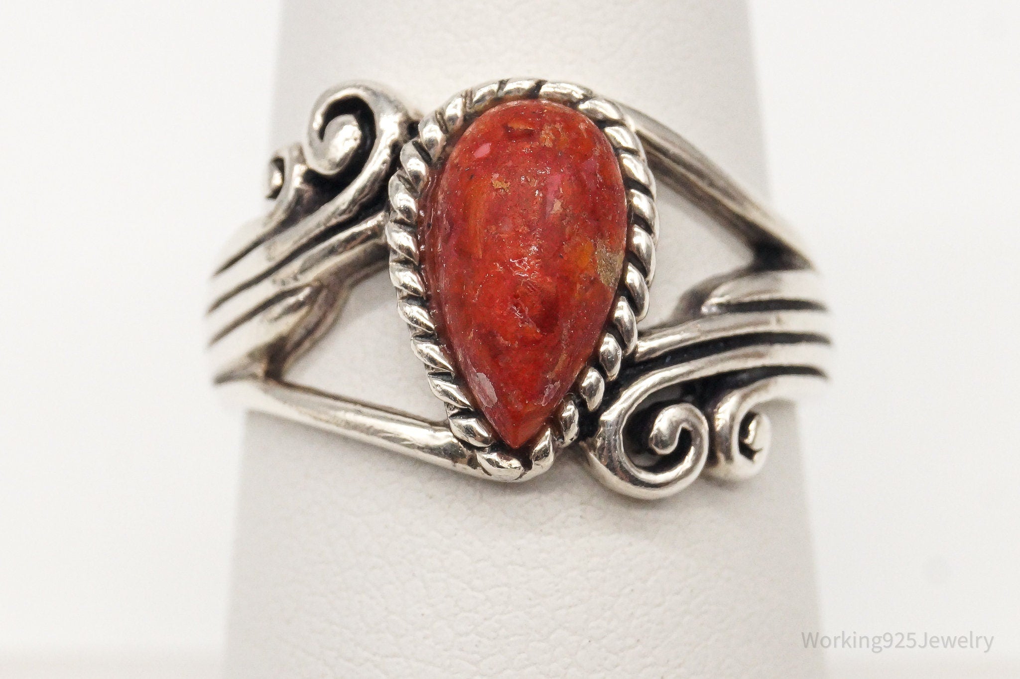 Designer BBJ Red Coral Sterling Silver Ring - Size 6.75