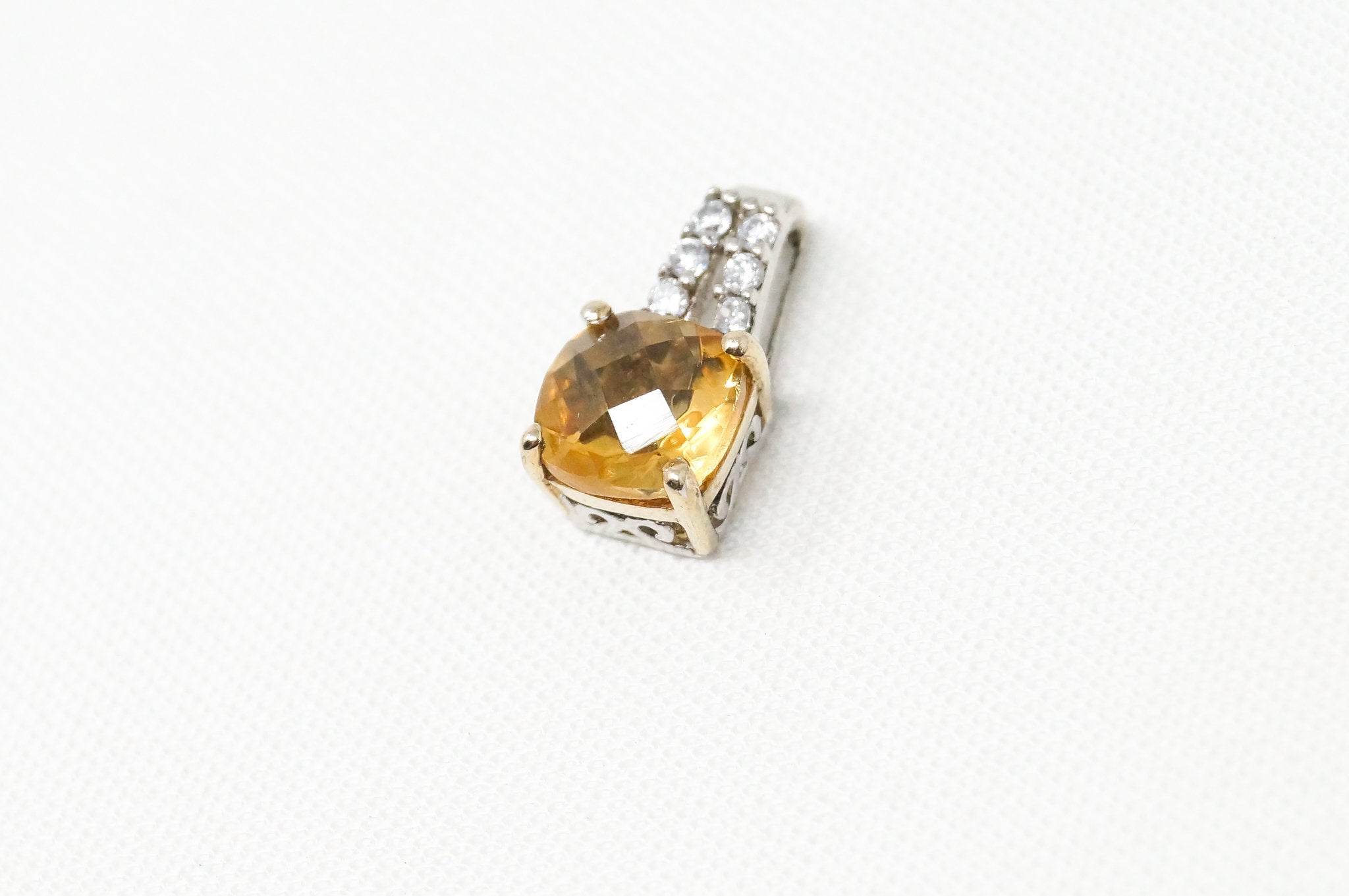 Vintage Art Deco 10K Yellow Gold Citrine CZ Sterling Silver Necklace Pendant