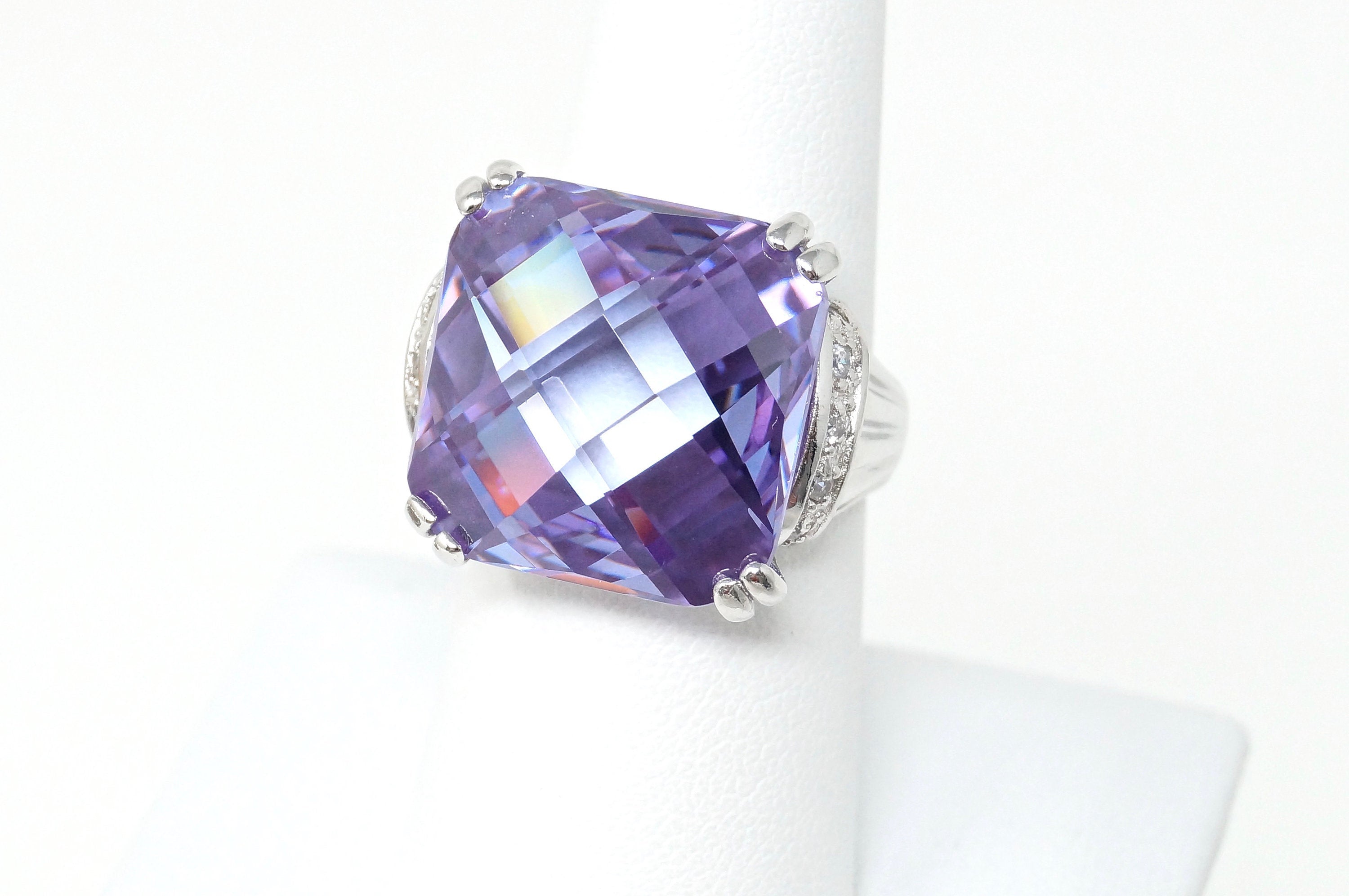 Vintage Designer FAS Large Amethyst CZ Statement Sterling Silver Ring Size 7