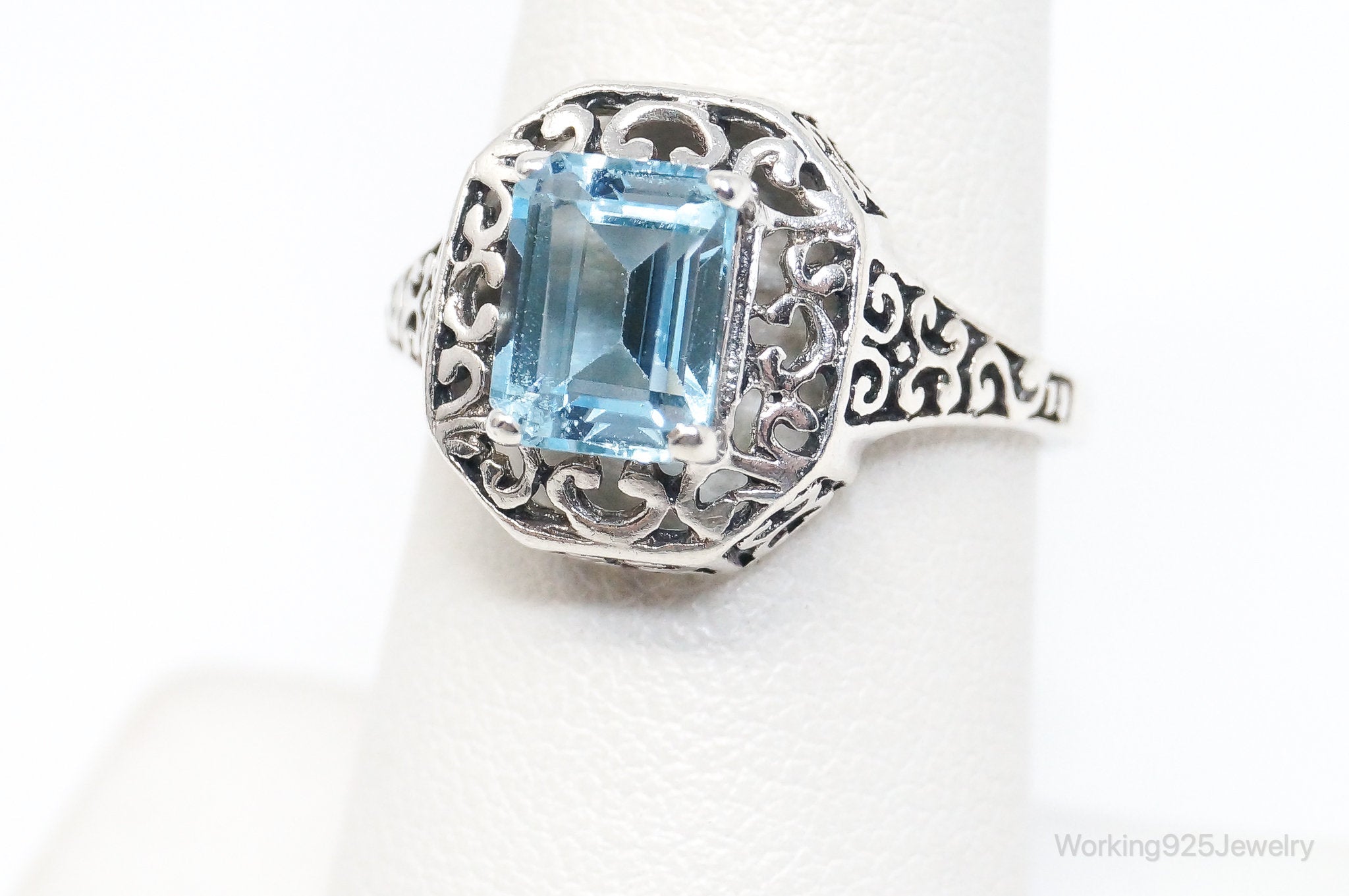 Vintage Blue Topaz Art Deco Sterling Silver Ring - Size 6.75