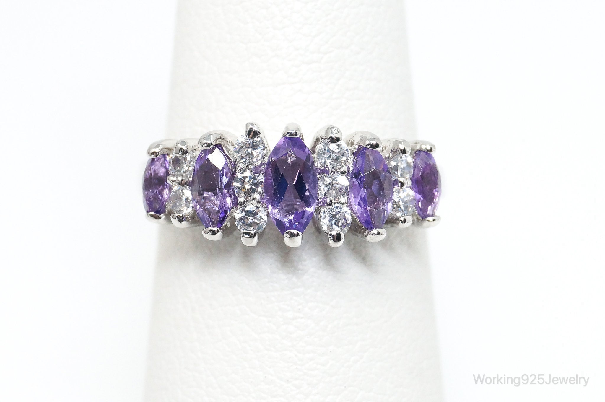 Vintage Art Deco Amethyst Cubic Zirconia Sterling Silver Ring - SZ 5.25