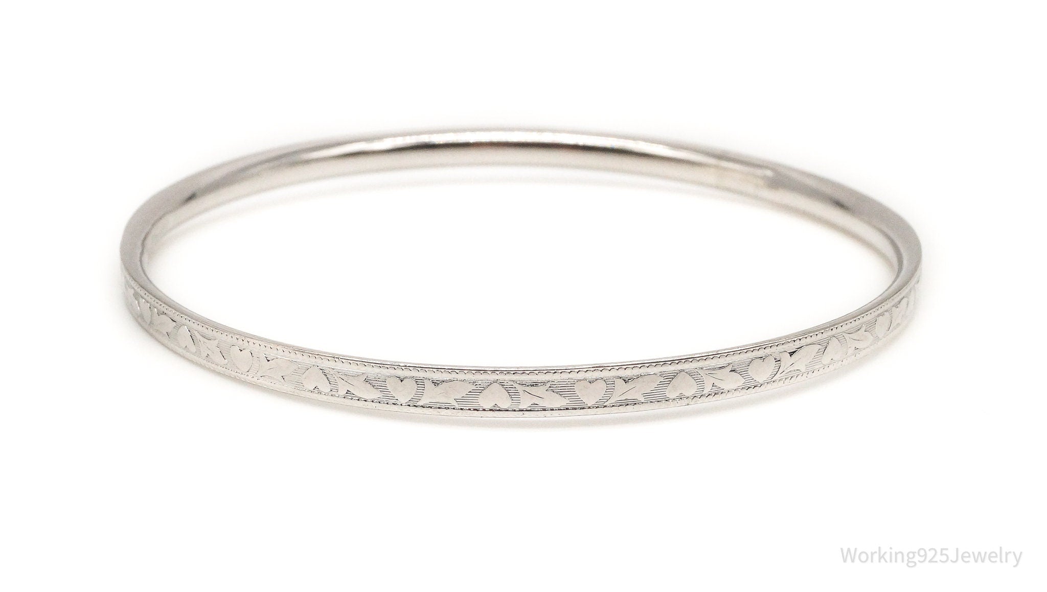 Antique B.A.B Sterling Silver Heart Floral Bangle Bracelet