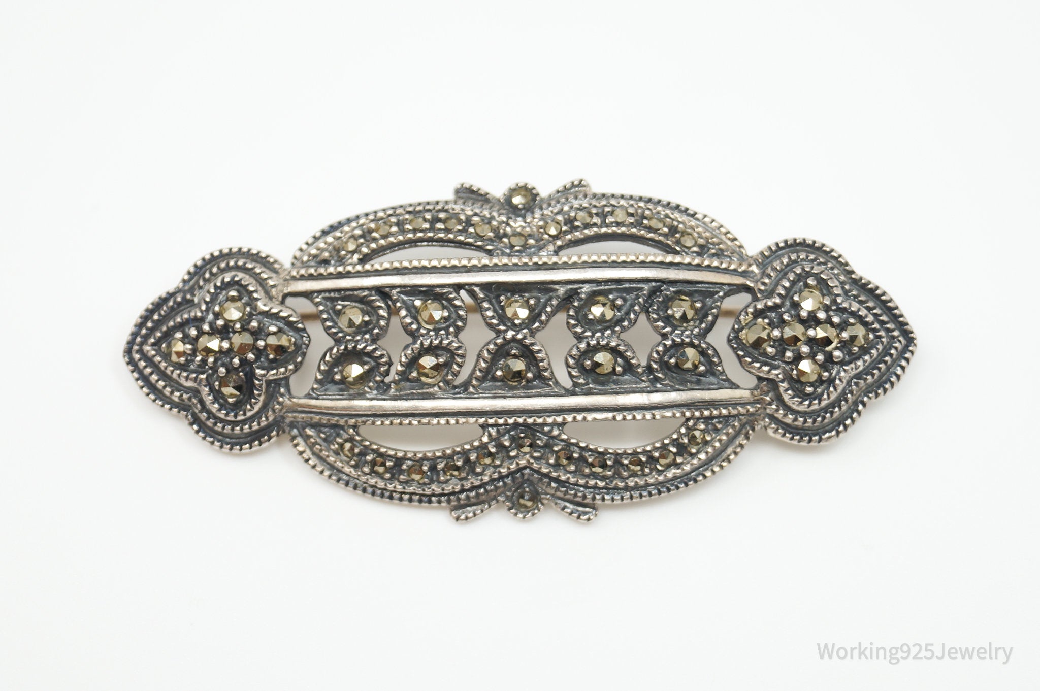 Long Vintage Designer Judith Jack Marcasite Art Deco Sterling Brooch Pin