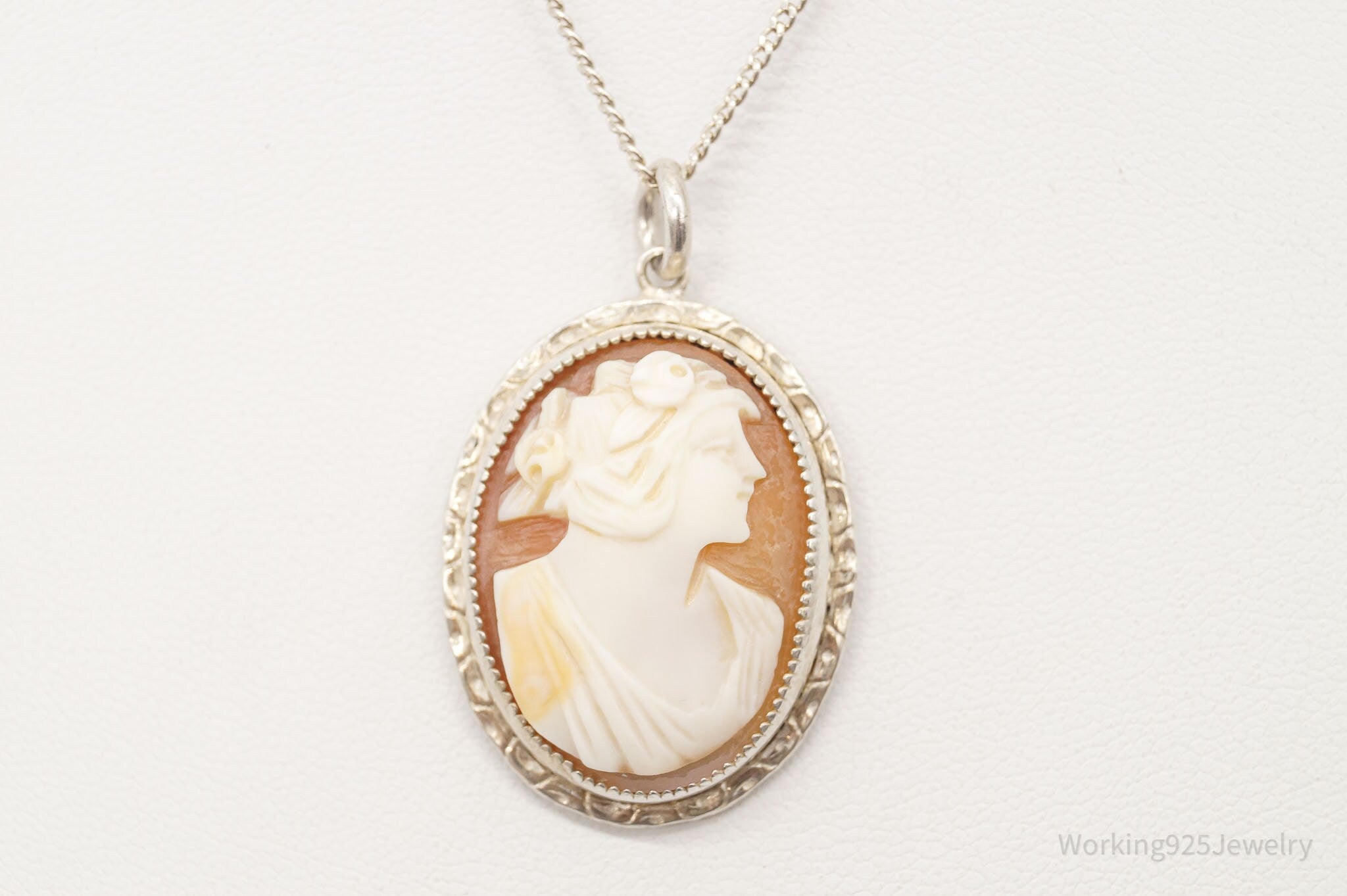 Antique Large Carved Shell Woman Cameo Sterling Silver Necklace