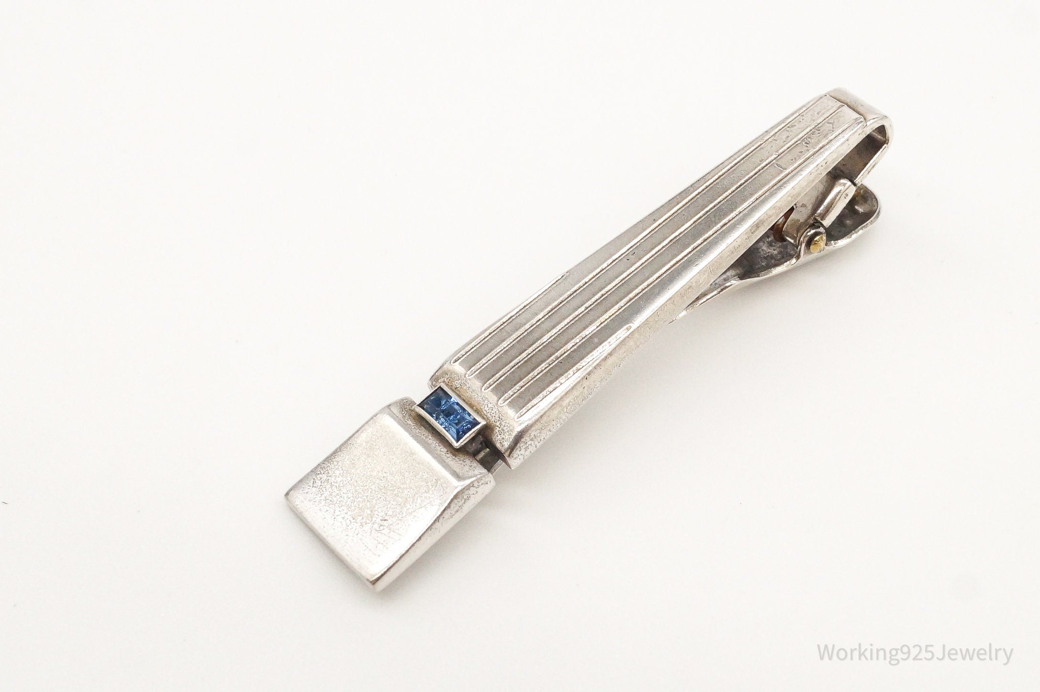 Vintage Designer Anson Blue Glass Stone Sterling Silver Tie Bar Clip