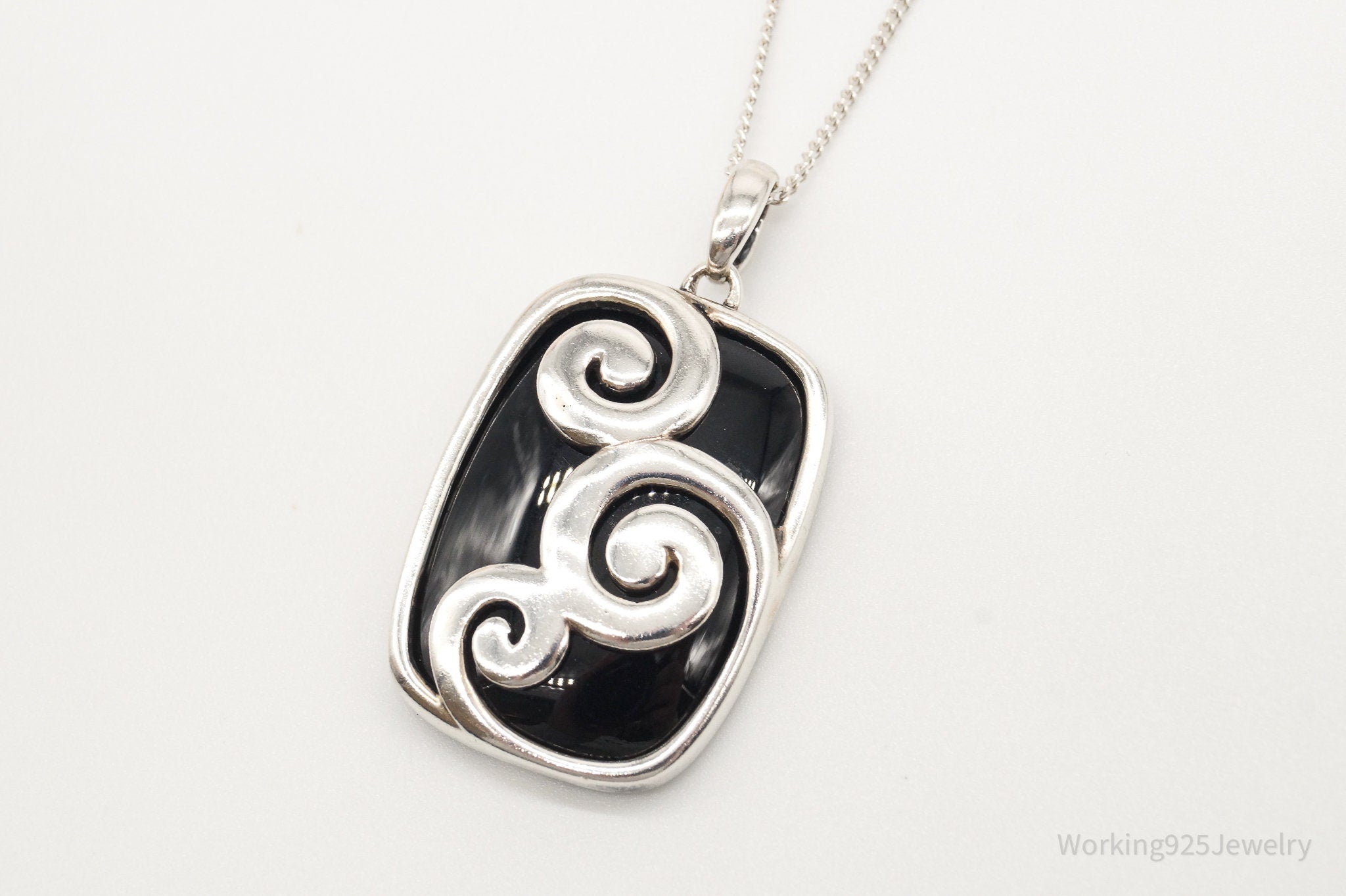 Vintage Black Onyx Swirls Sterling Silver Necklace