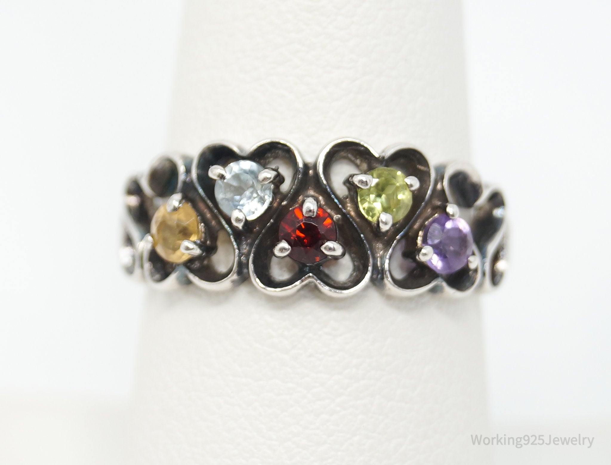 Vintage Designer Multi Gem Open Hearts Sterling Silver Ring - Size 8