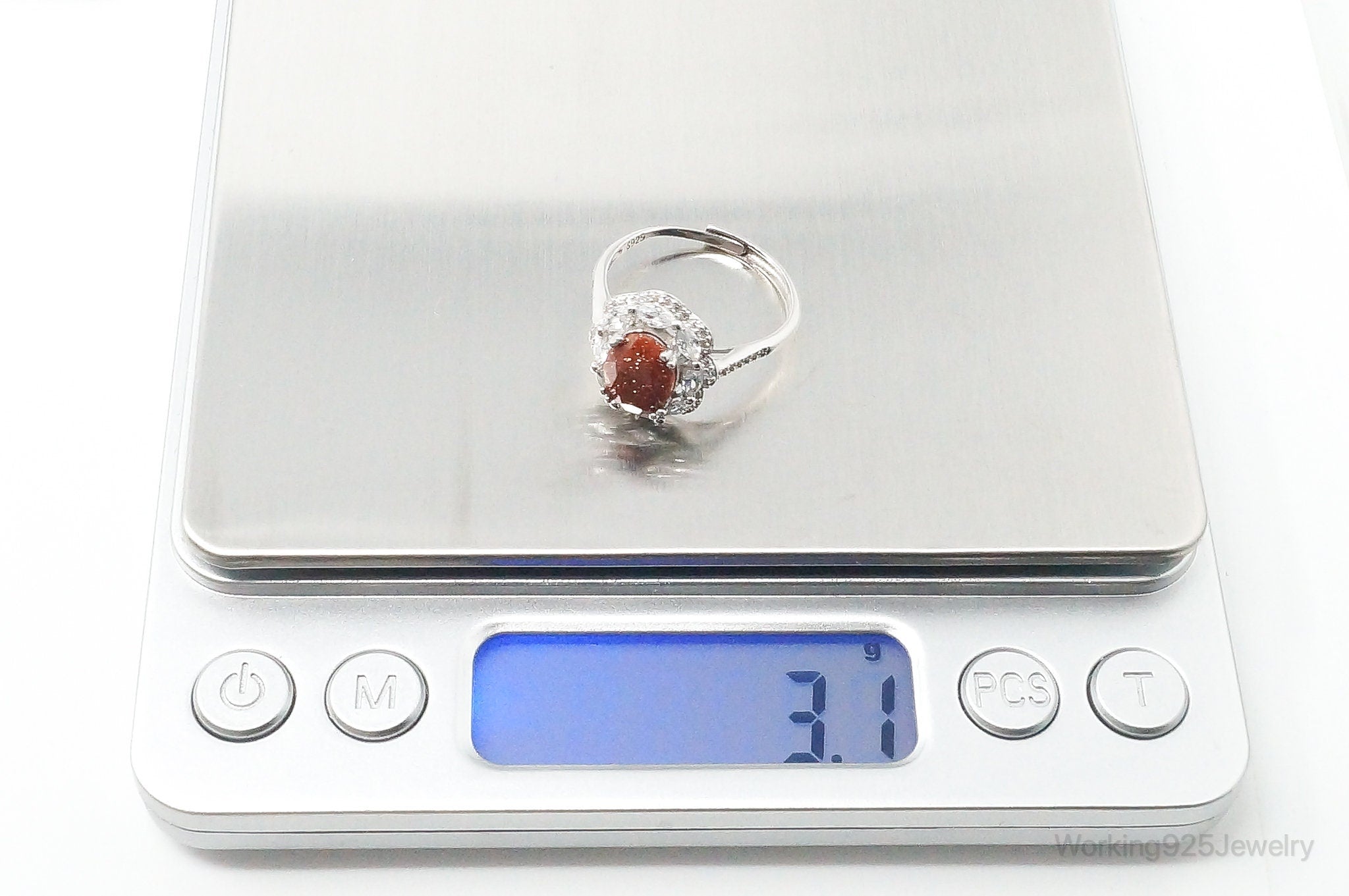 Goldstone Cubic Zirconia Flower Sterling Silver Ring - Size 8.75 Adjustable