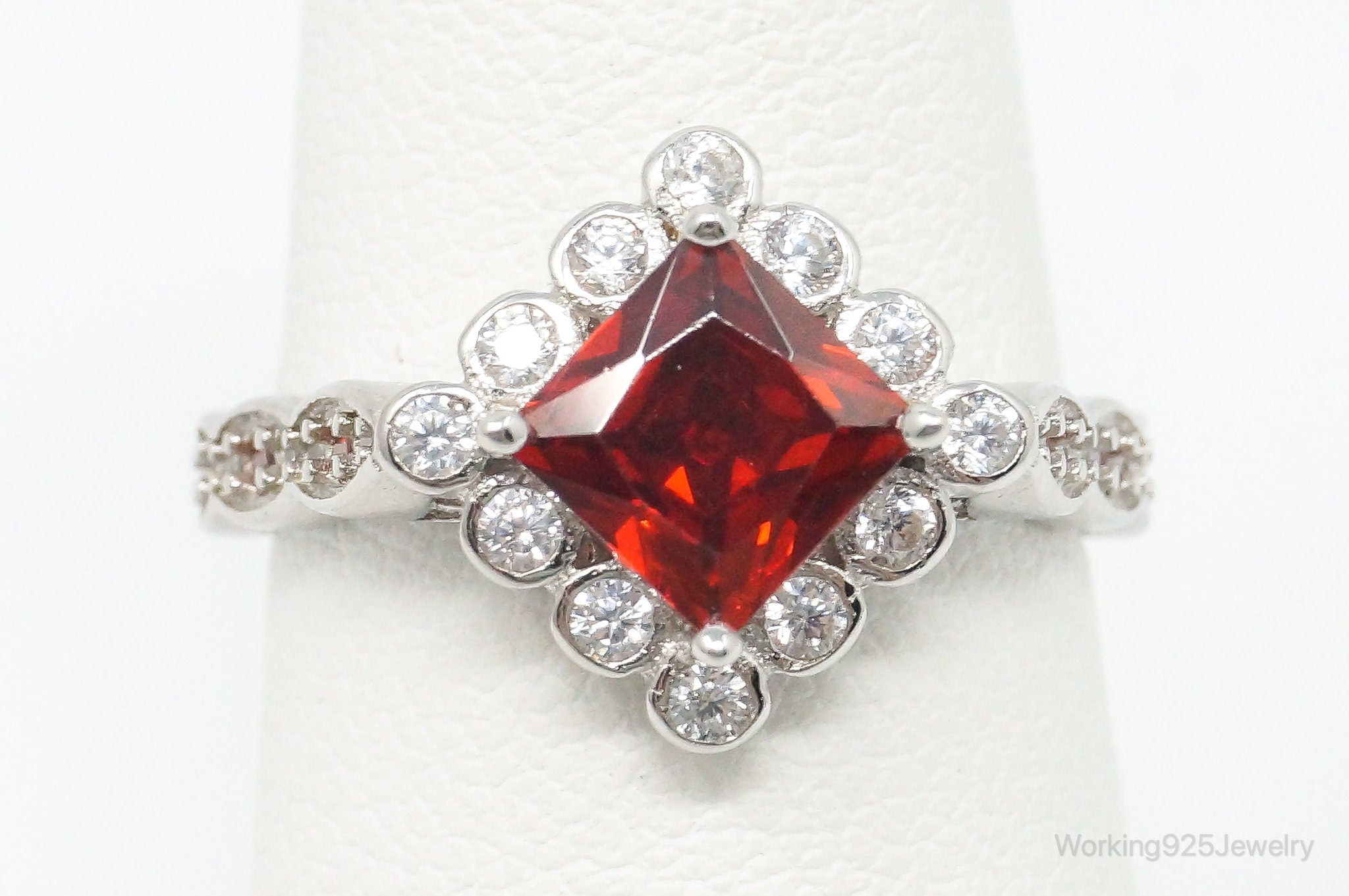 Garnet Cubic Zirconia Sterling Silver Ring - Size 6.5