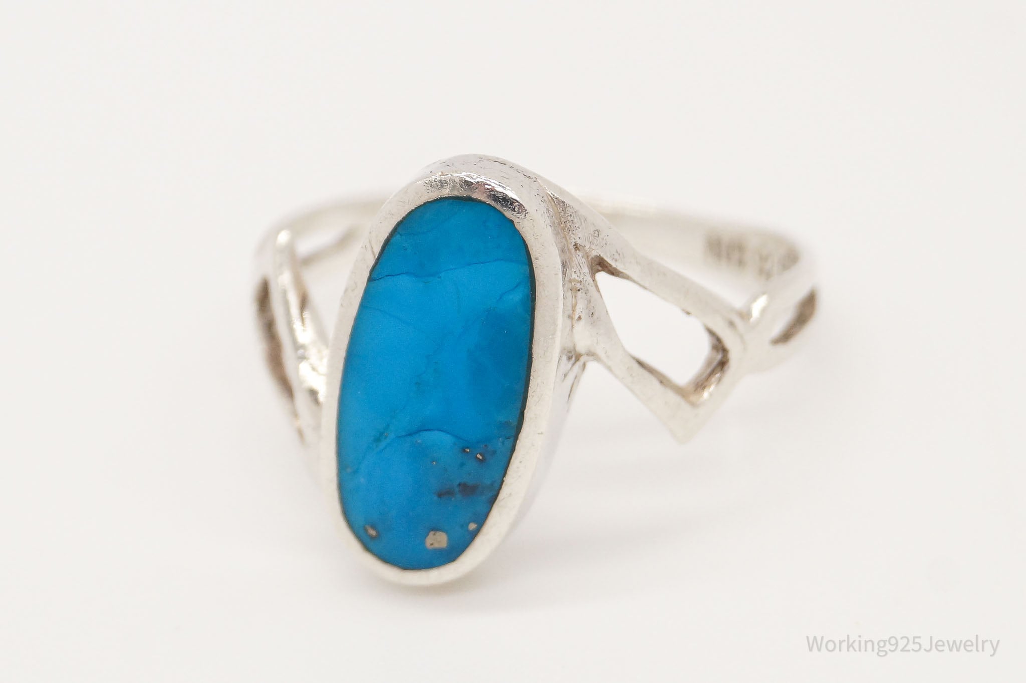 Vintage Blue Turquoise Modernist Sterling Silver Ring - Size 7.25