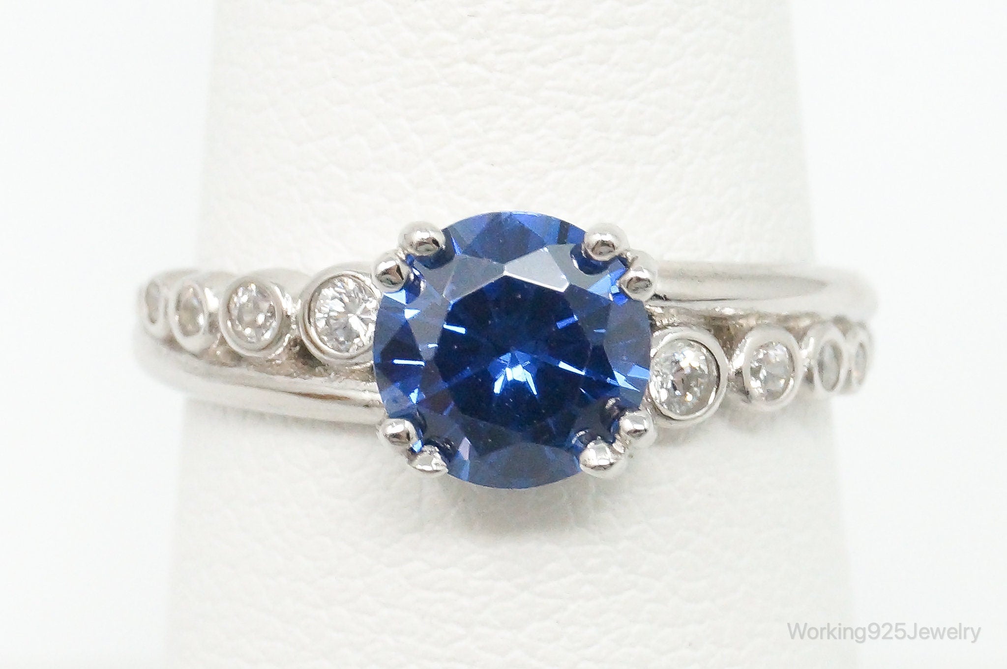 Blue & White Cubic Zirconia Sterling Silver Ring - Size 7