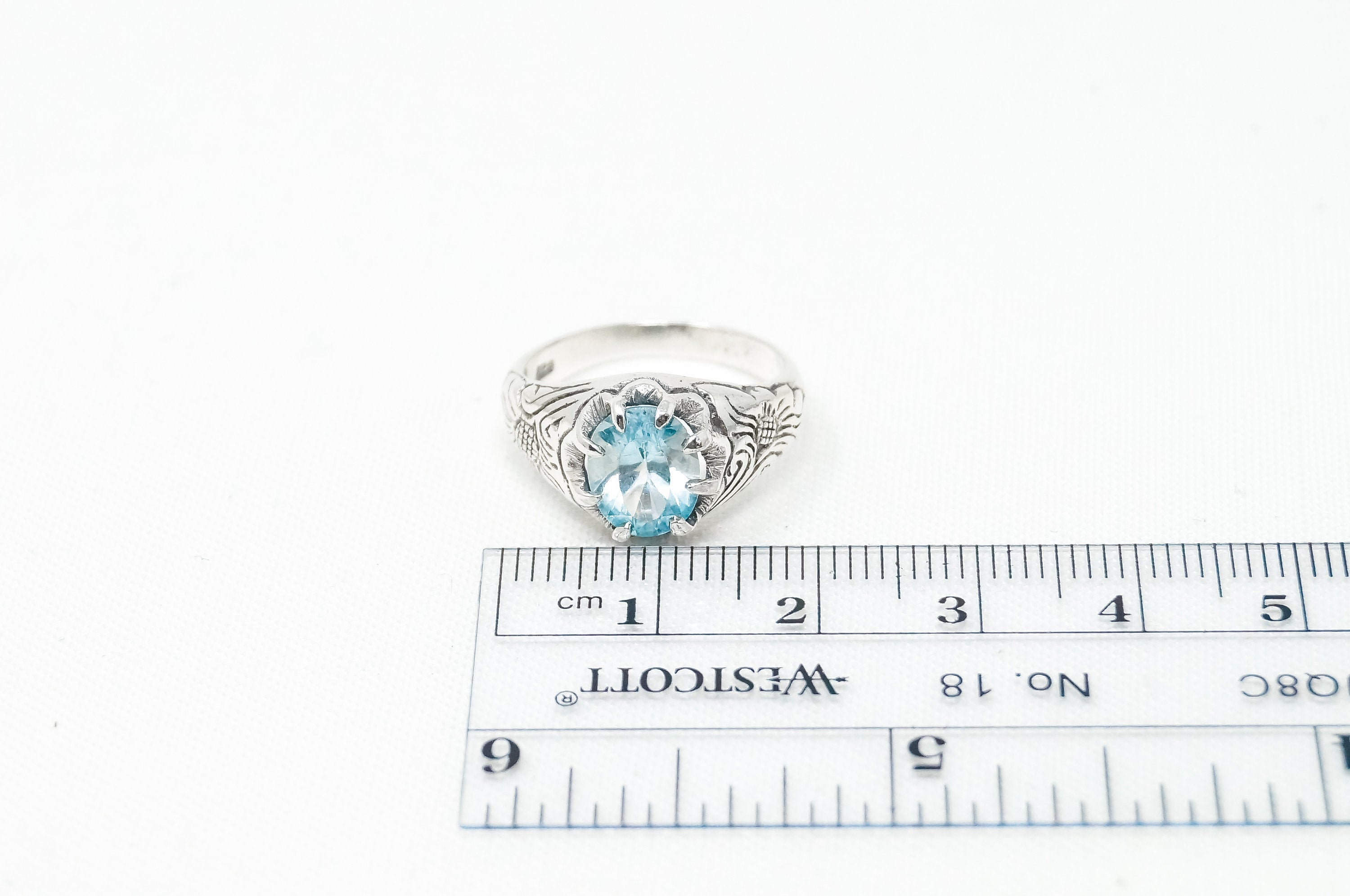 Vintage Blue Topaz Etched Design Sterling Silver Ring - Sz 6.25 - 784162452