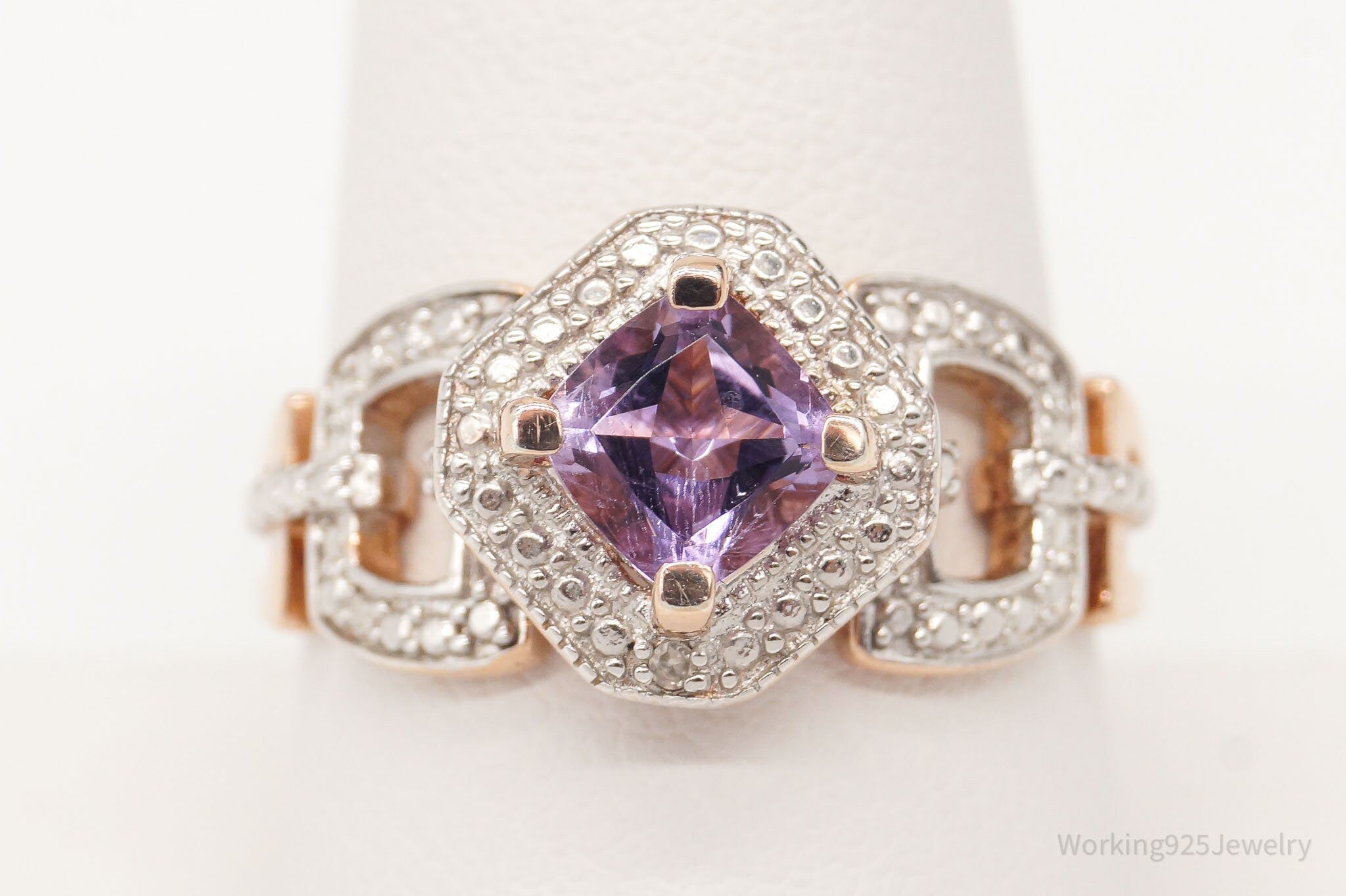 Designer KYJ Amethyst Single Diamond Gold Vermeil Sterling Silver Ring Size 10