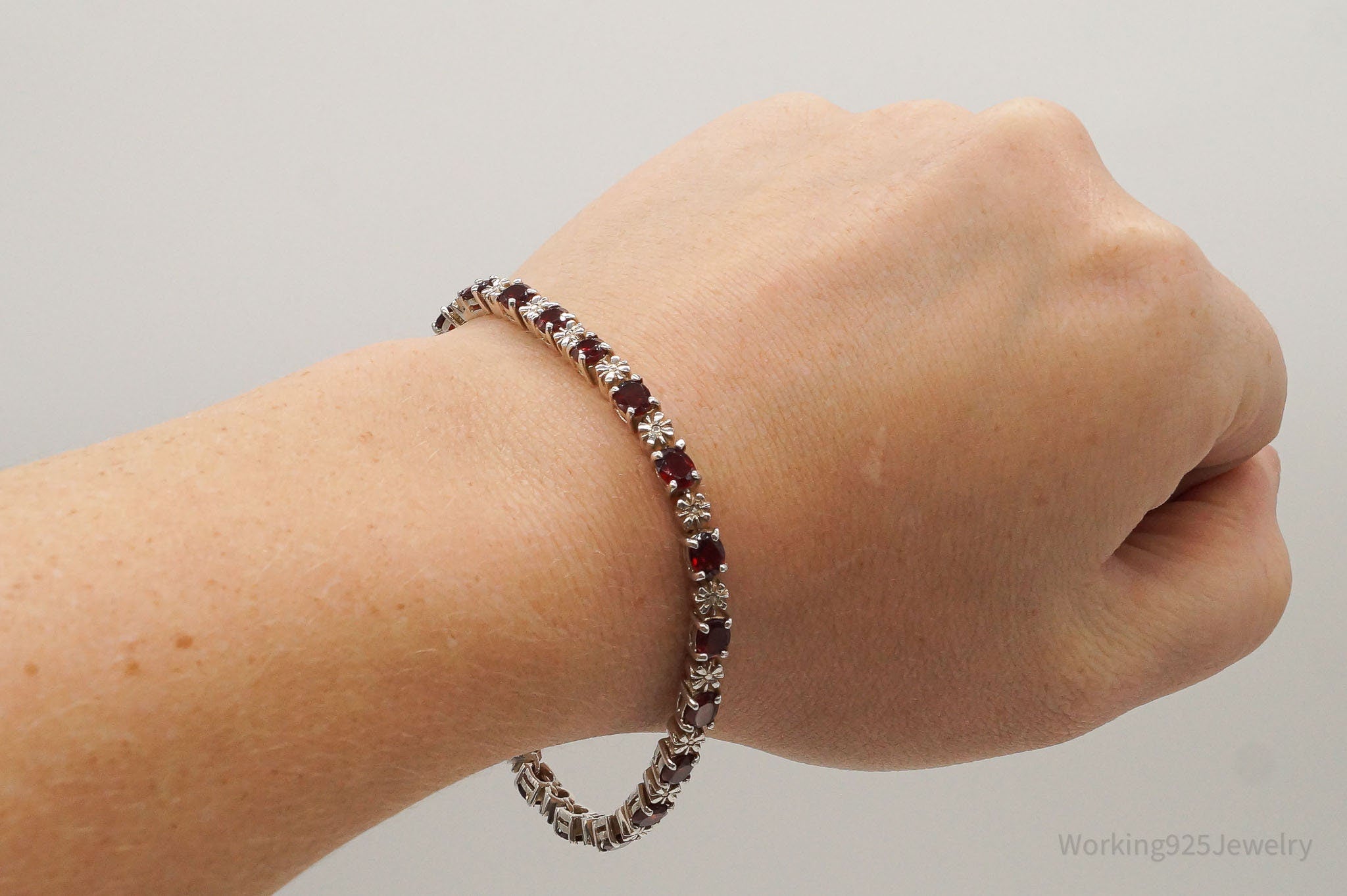 Vintage Garnet 2 Diamond Sterling Silver Bracelet