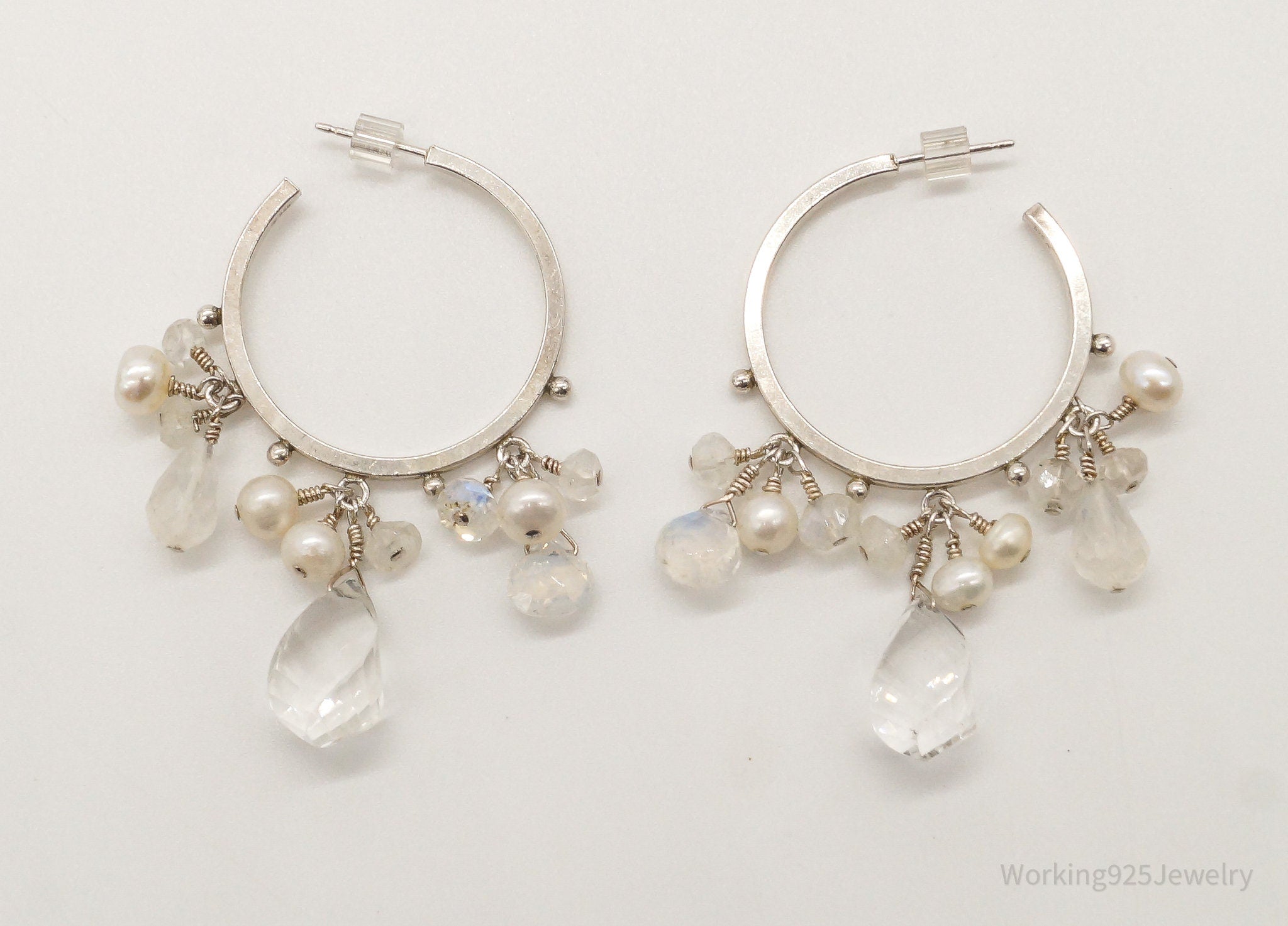 Vintage Crystal Quartz Pearl Moonstone Sterling Silver Hoop Earrings